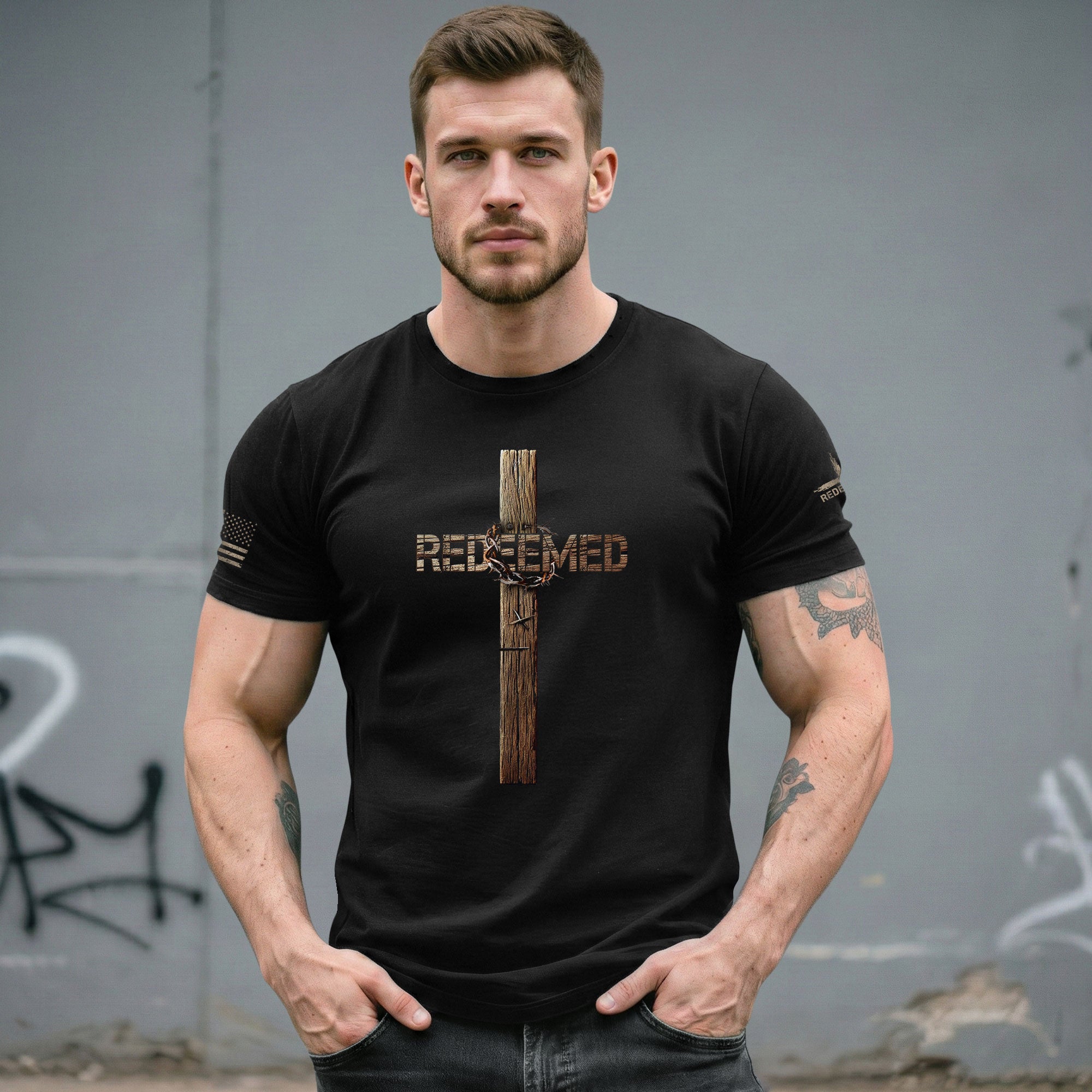 Redeemed Wooden Cross Edition, Christian Shirts for Men - Christian Tee Shirts - Rust Field Wear