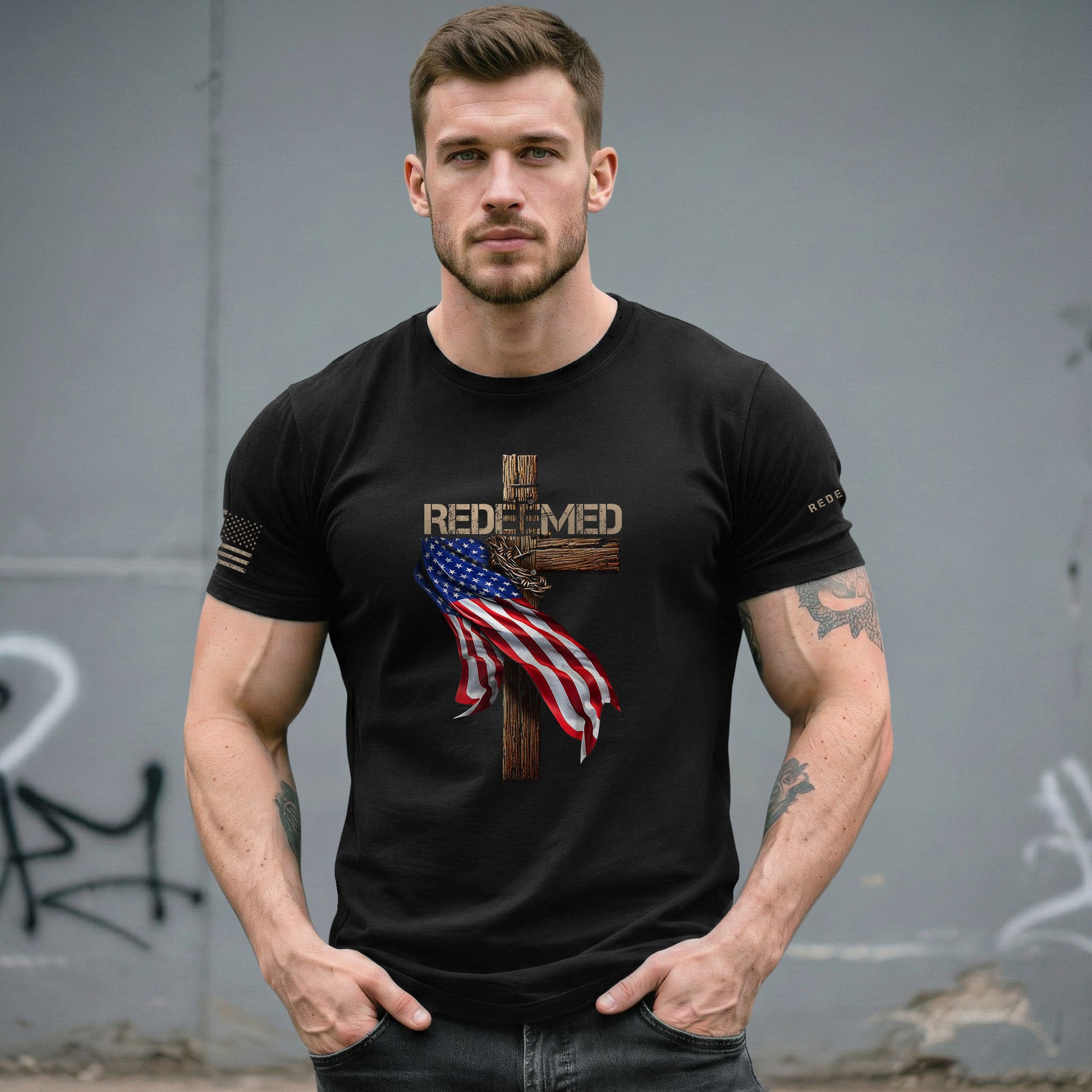 Redeemed by Christ American Flag Cross - Christian Shirts for Men, Faith Based Christian Tee Shirts - Rust Field Wear