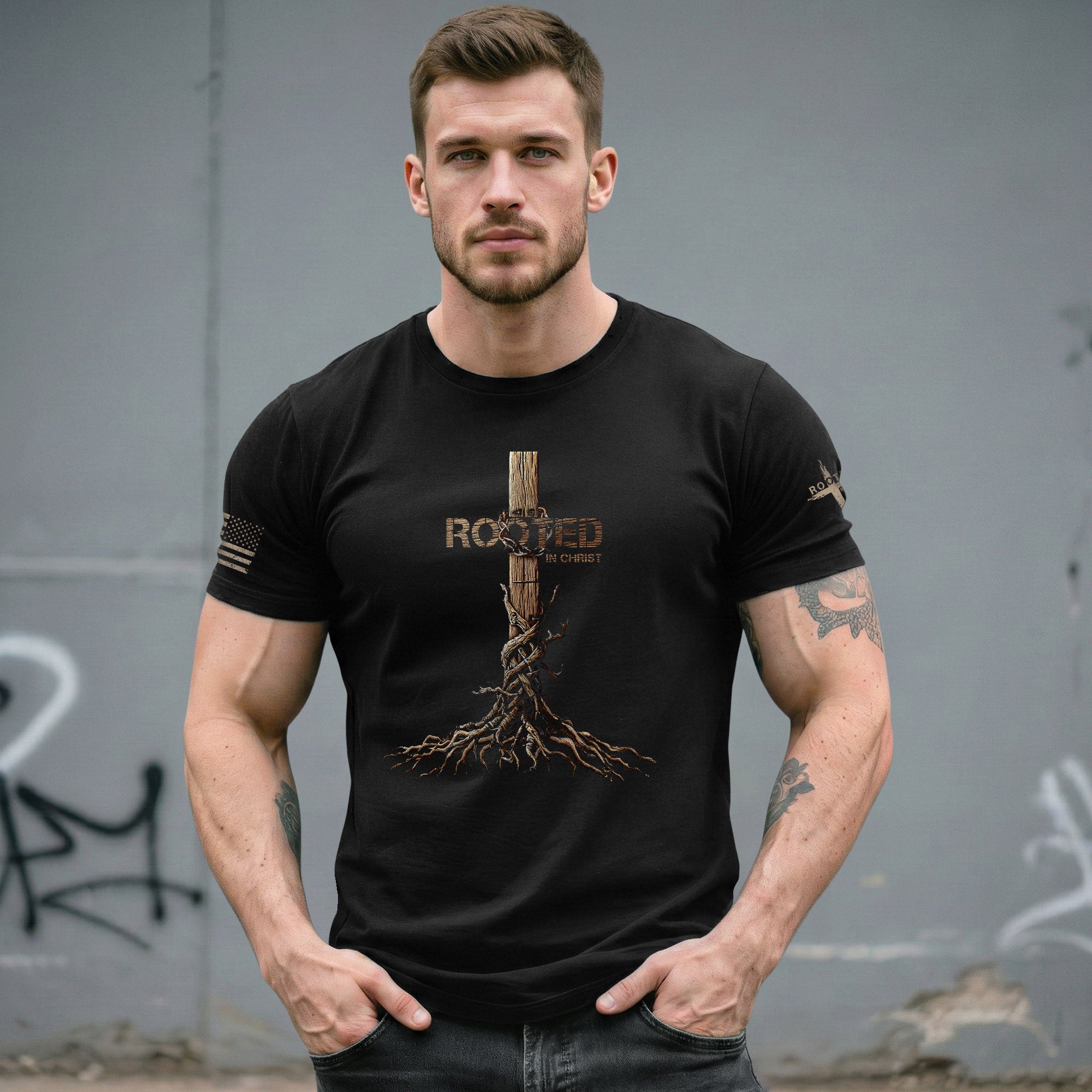 Christian Shirts for Men, Rooted in Christ Cross and Roots Christian - Christian Tee Shirts - Rust Field Wear