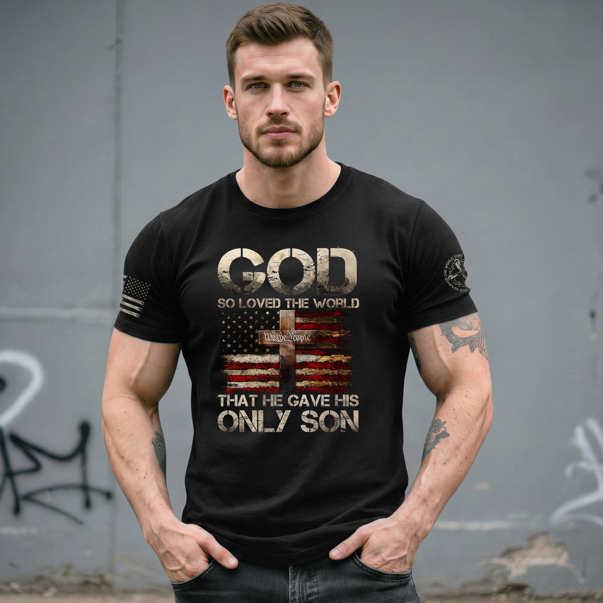God So Loved The World Only Son Cross and Flag, Christian Tee Shirts - Faith Shirts for Men - Rust Field Wear