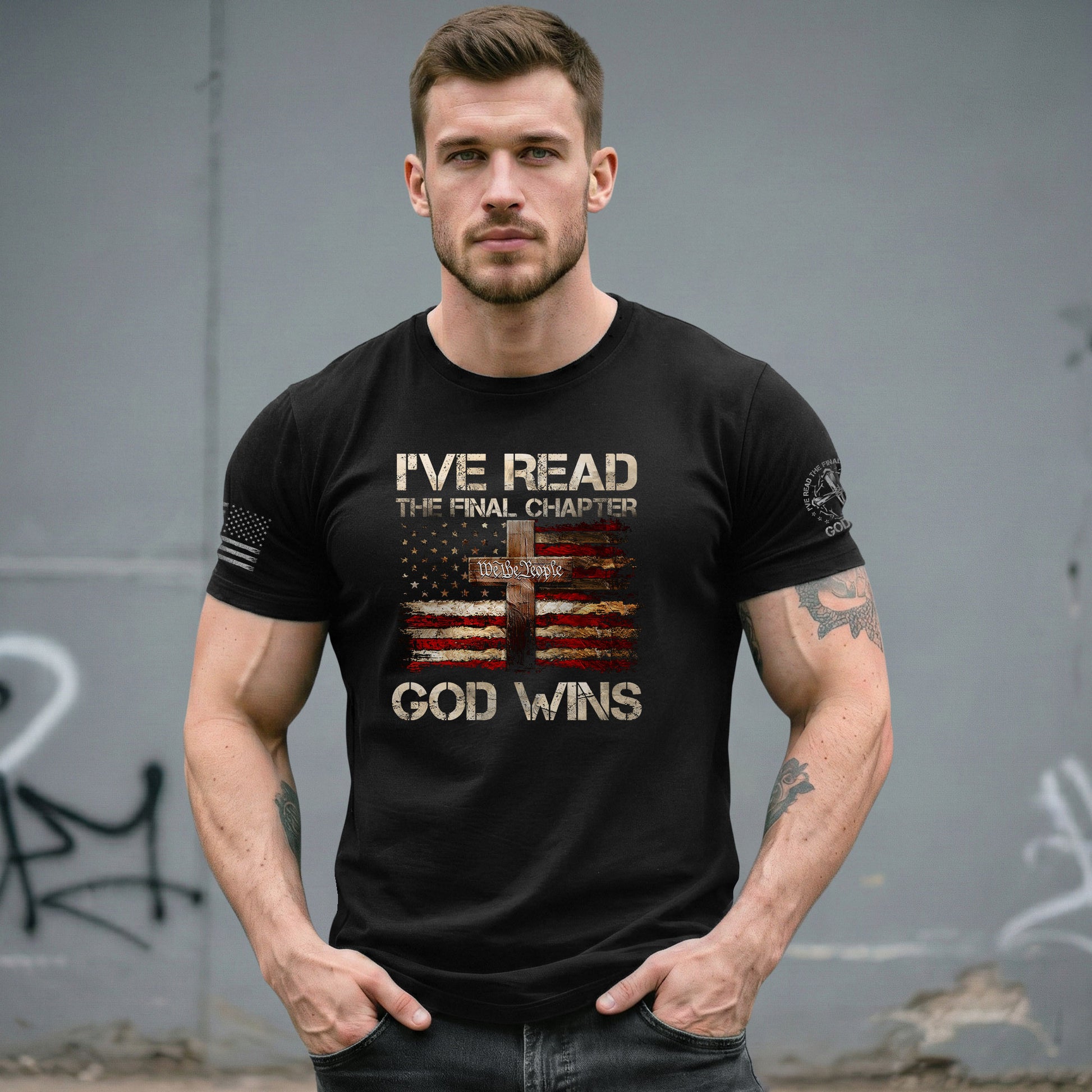 Christian Tee Shirts, God Wins Christian American Flag Cross - Christian Shirts for Men - Rust Field Wear