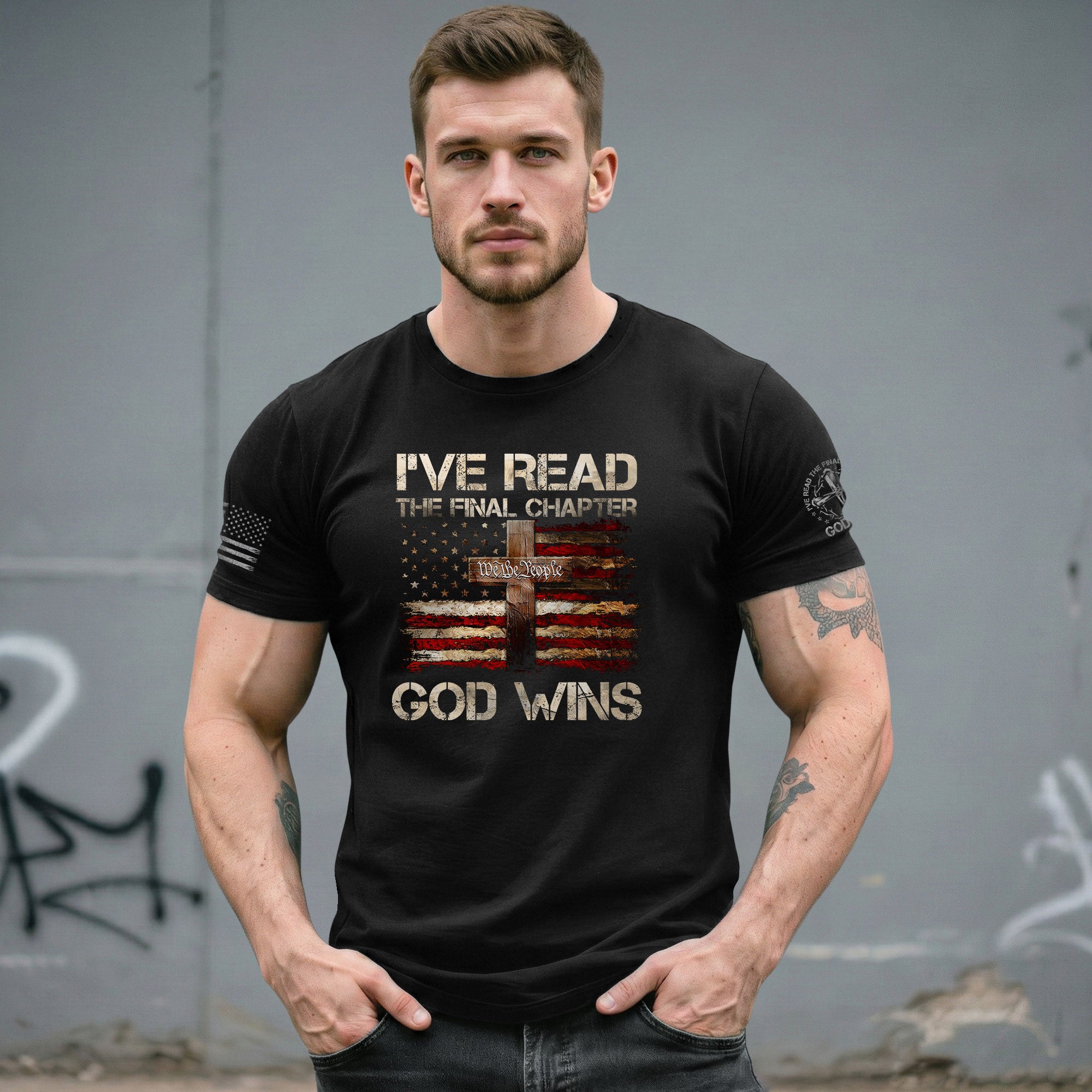 Christian Tee Shirts, God Wins Christian American Flag Cross - Christian Shirts for Men - Rust Field Wear