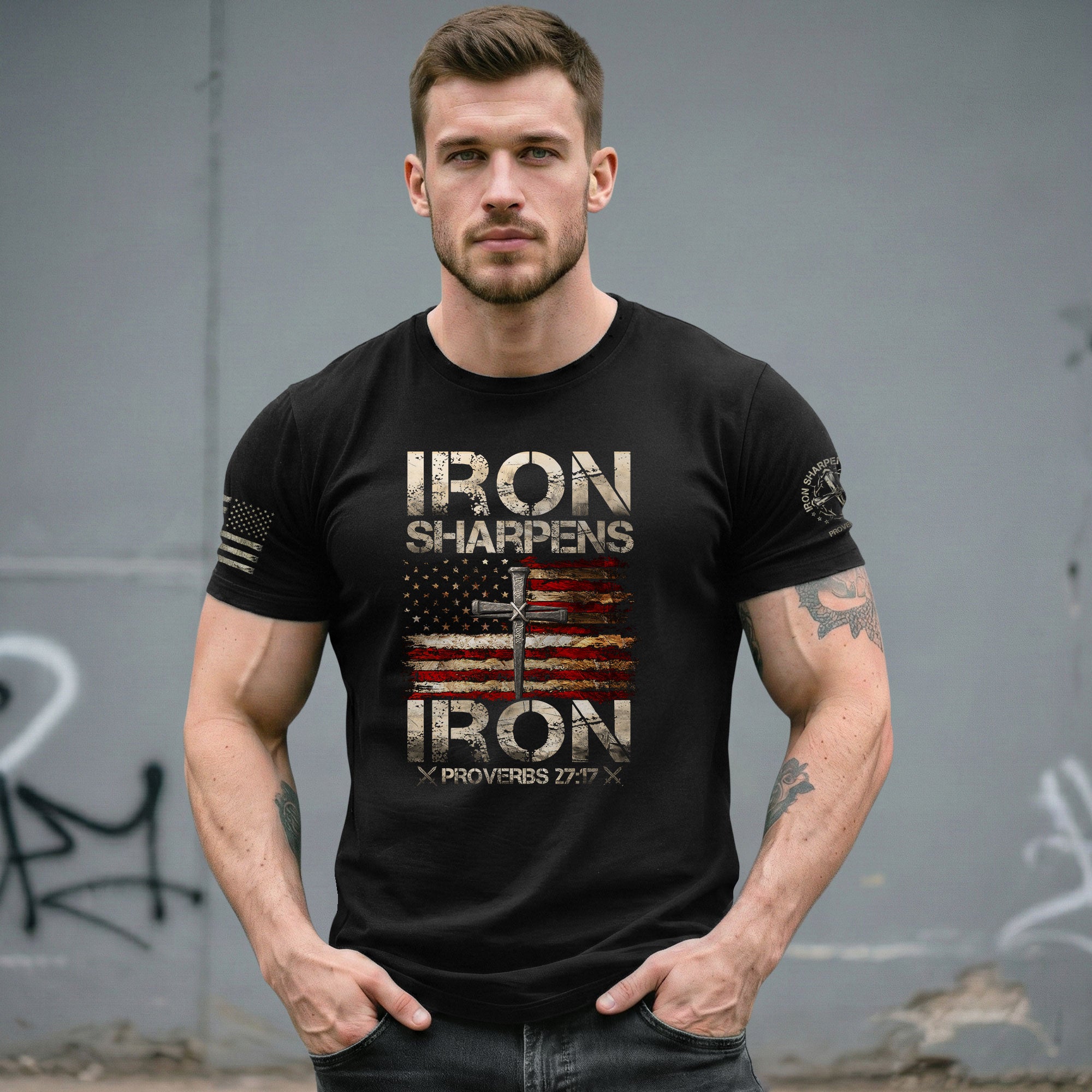 Iron Sharpens Iron Proverbs 27:17 Patriotic Christian - Christian Shirts for Men, Faith Based Christian Tee Shirts - Rust Field Wear