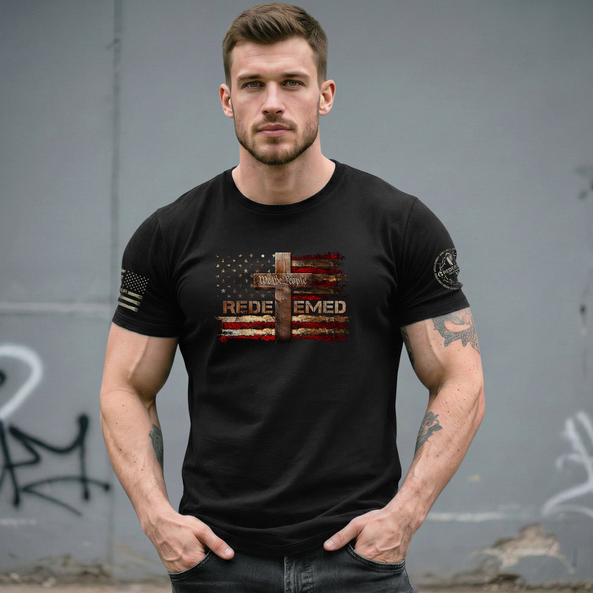 Christian Tee Shirts, Redeemed We The People Cross - Christian Shirts for Men - Rust Field Wear