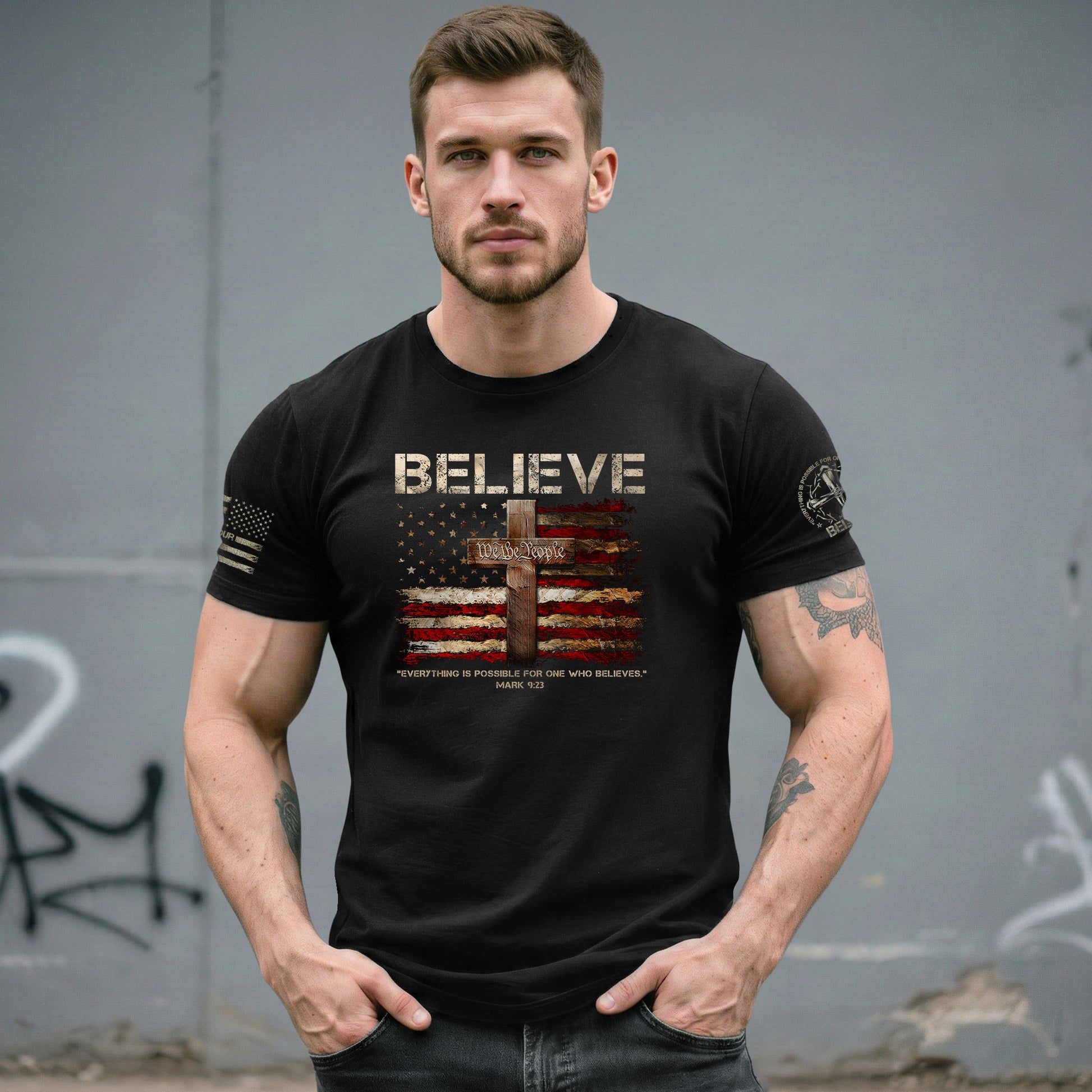 BELIEVE Faith in Action, Powered by Mark 9:23 - Christian Tee Shirts, Christian Shirts for Men - Rust Field Wear