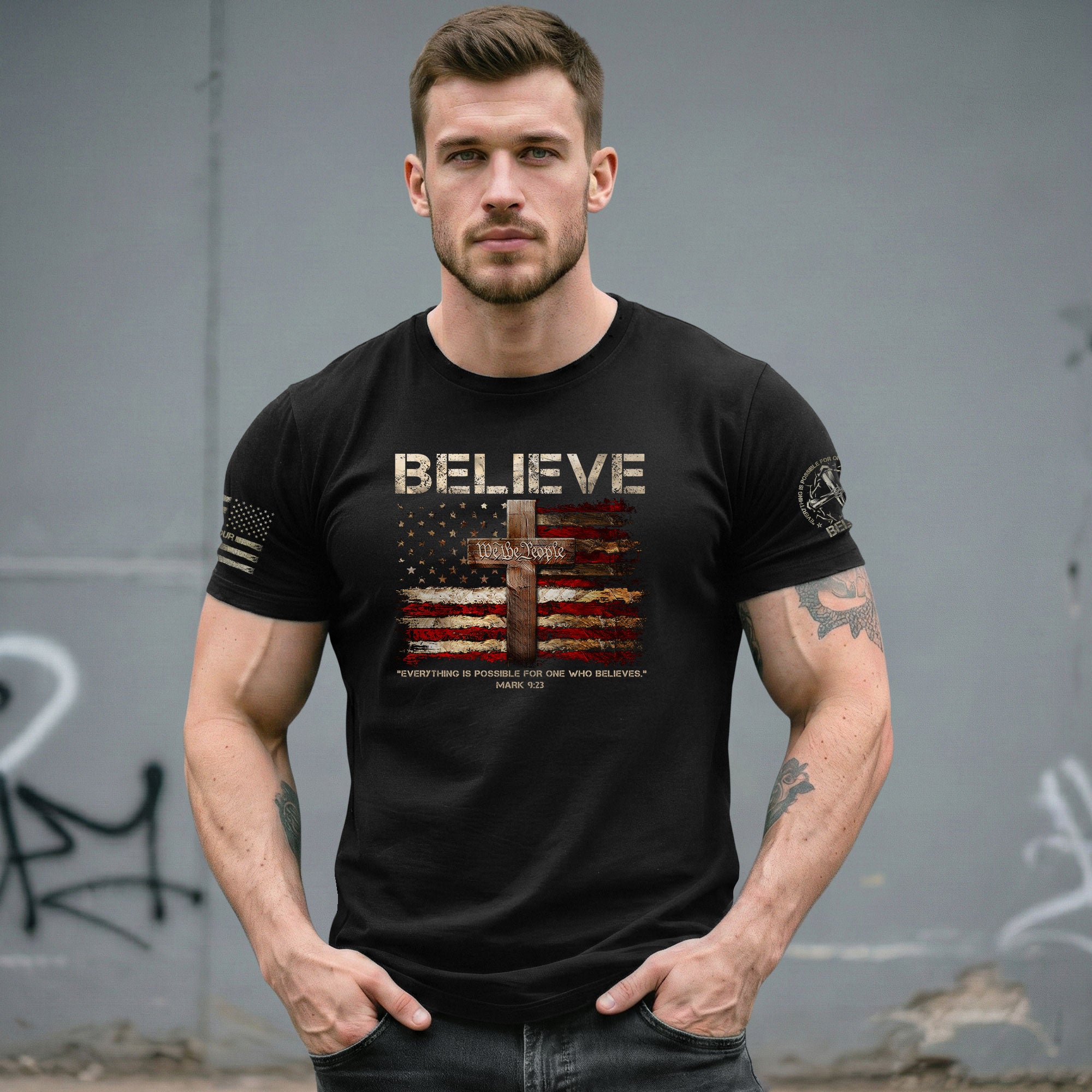 BELIEVE Faith in Action, Powered by Mark 9:23 - Christian Tee Shirts, Christian Shirts for Men - Rust Field Wear