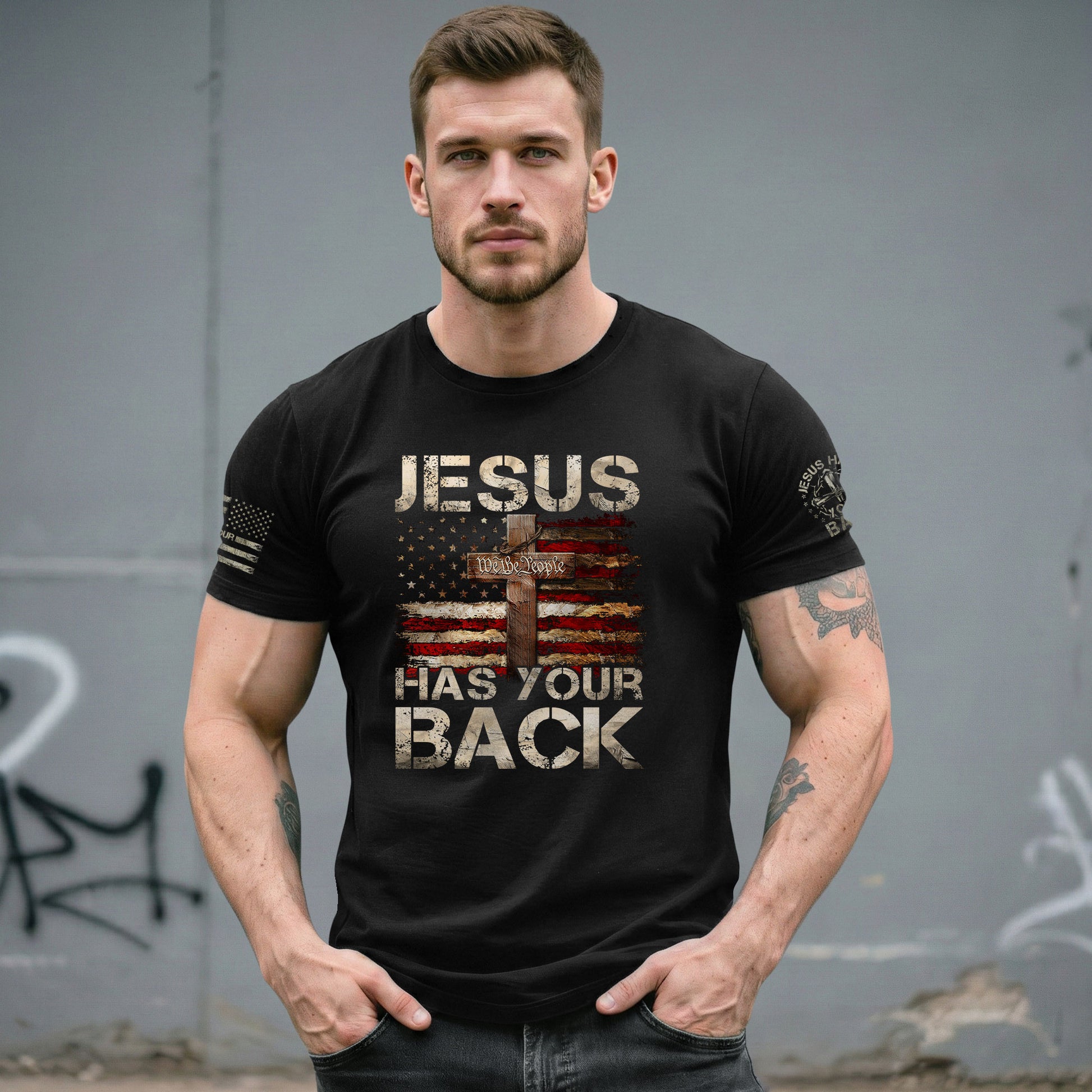 Patriotic T Shirts, Jesus Has Your Back Faith, Freedom and Divine Protection - Freedom Shirts for Men - Rust Field Wear