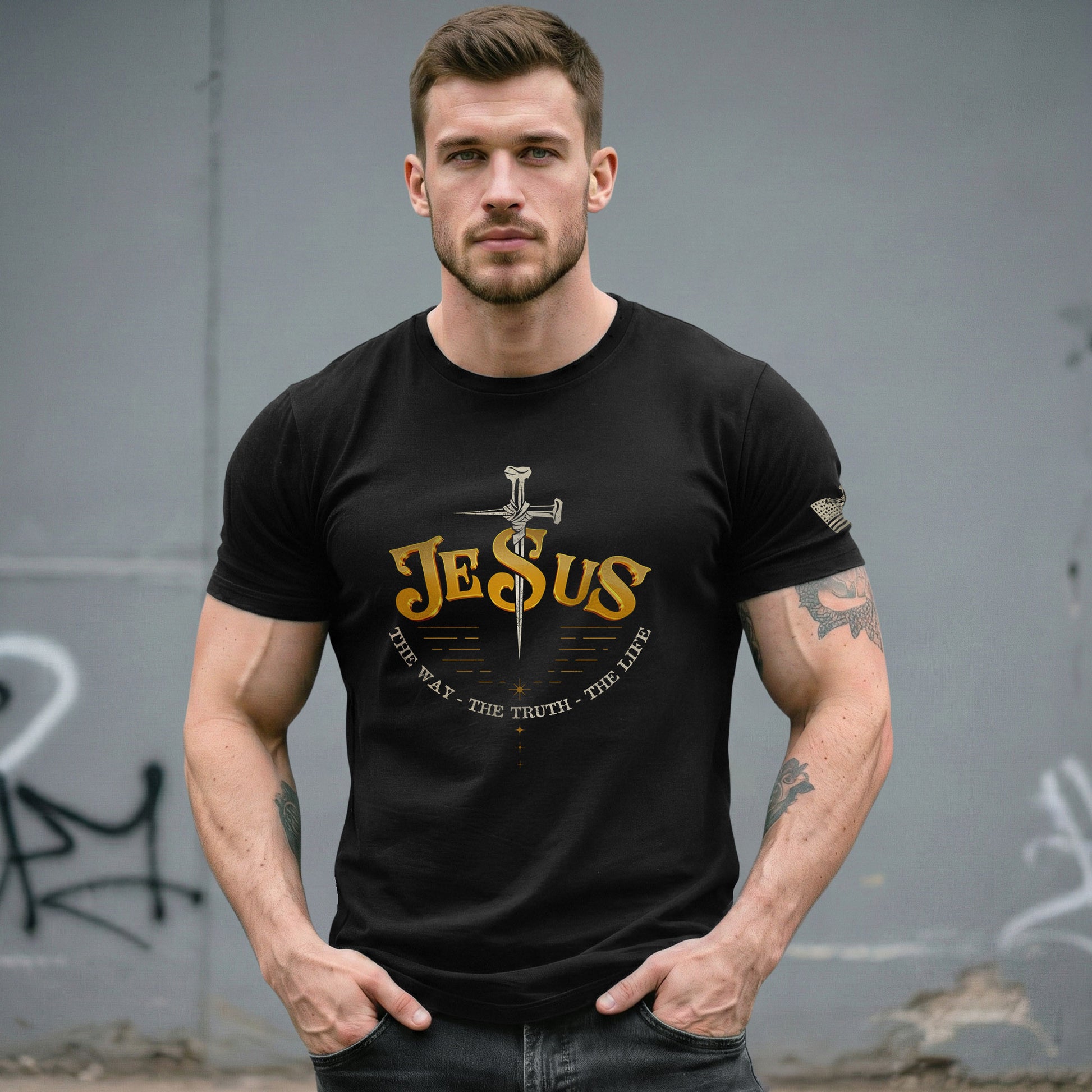 Faith Based Christian Tee Shirts, Forged in Faith JESUS Sword Bold - Christian Shirts for Men - Rust Field Wear
