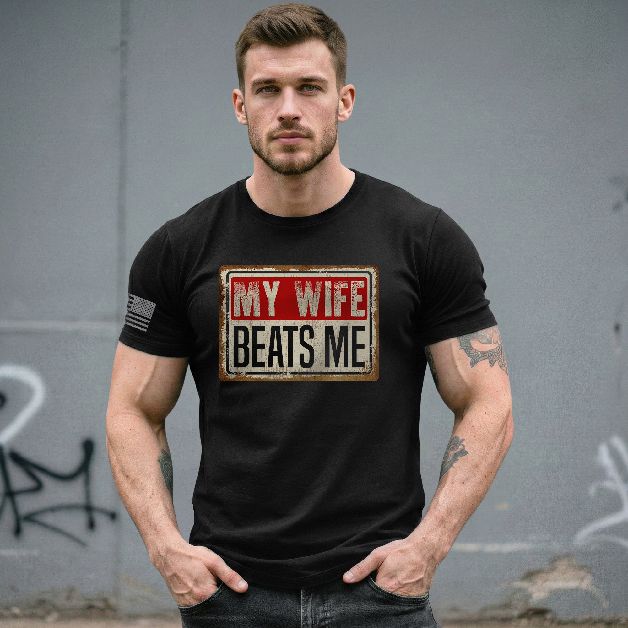 Funny Metal Sign Quote My Wife Beats Me Men Vintage Graphic Shirt Casual Novelty