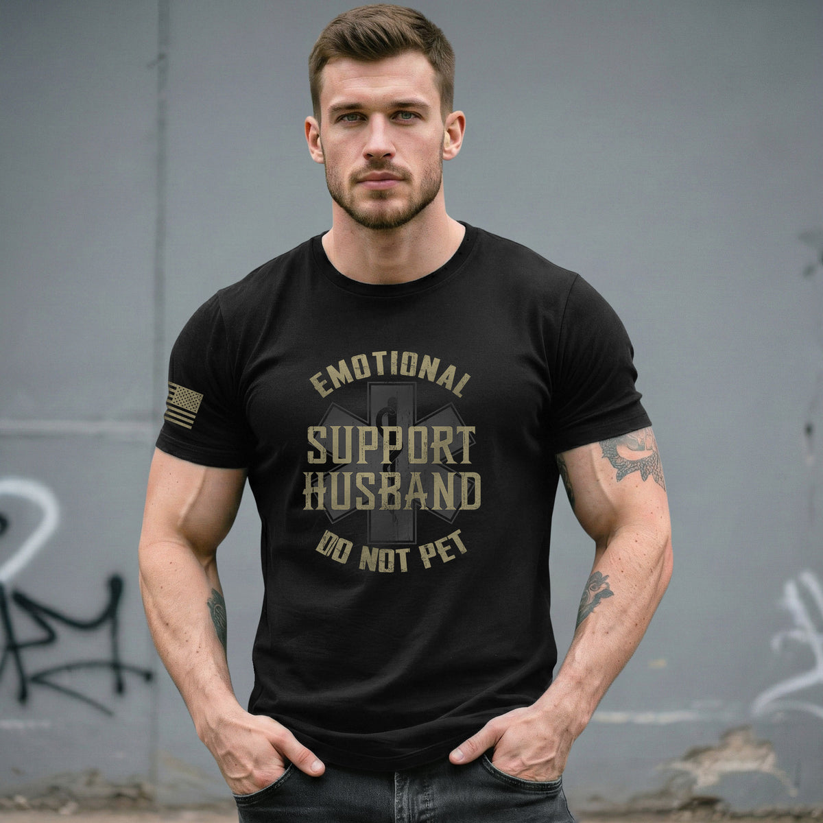 Funny Emotional Support Husband Sarcastic Graphic Tee Shirt Casual Apparel Top Clothing