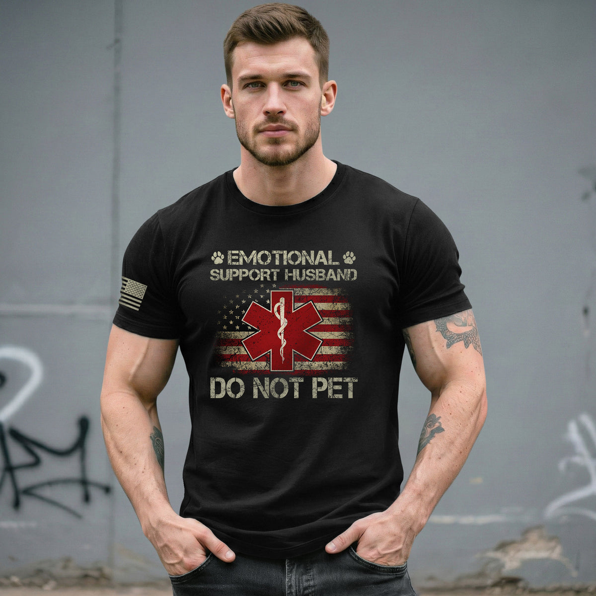 Funny Emotional Support Husband Flag Graphic Tee Shirt Casual Apparel Top Clothing
