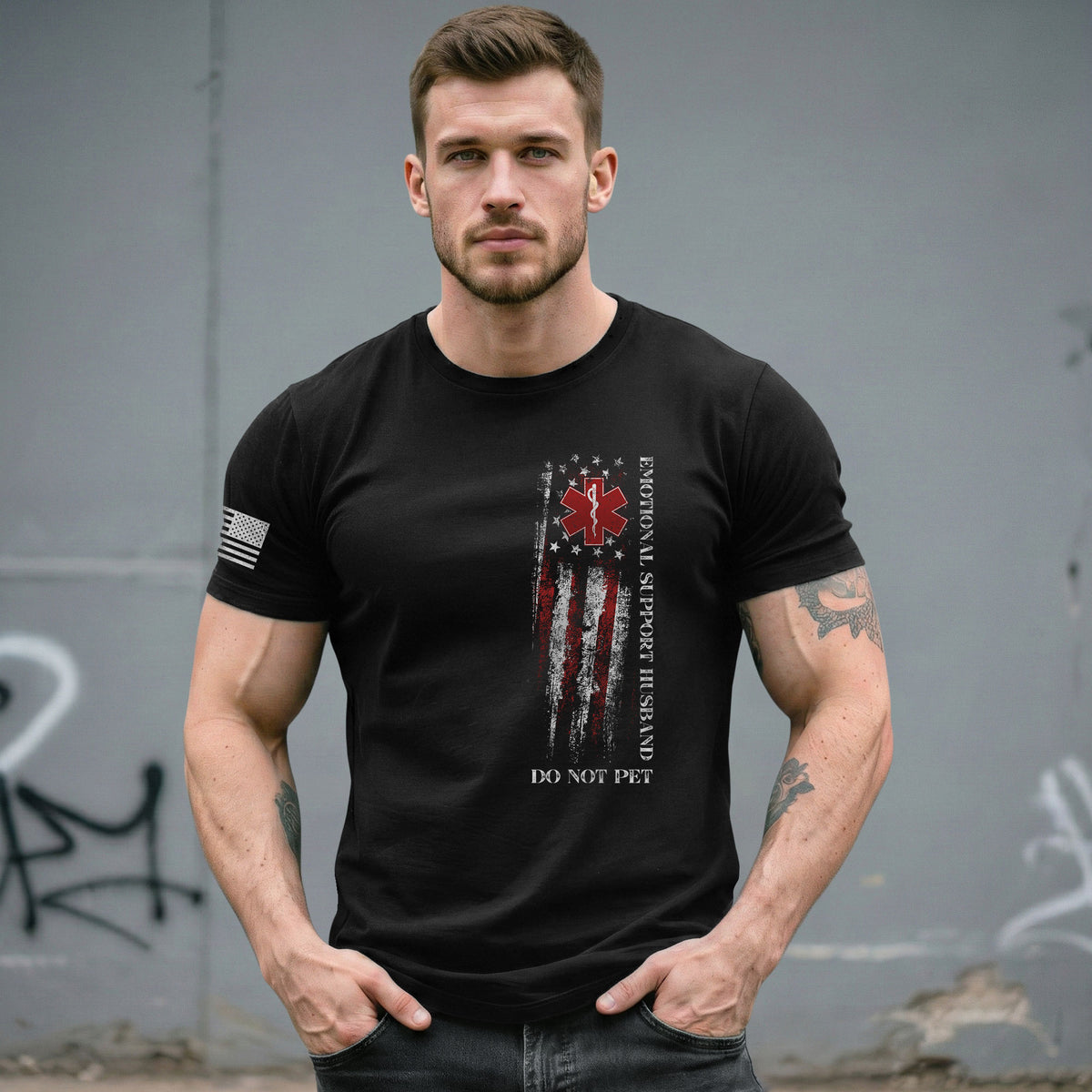 Funny Vertical Emotional Support Husband Flag Graphic Tee Shirt Casual Apparel Top