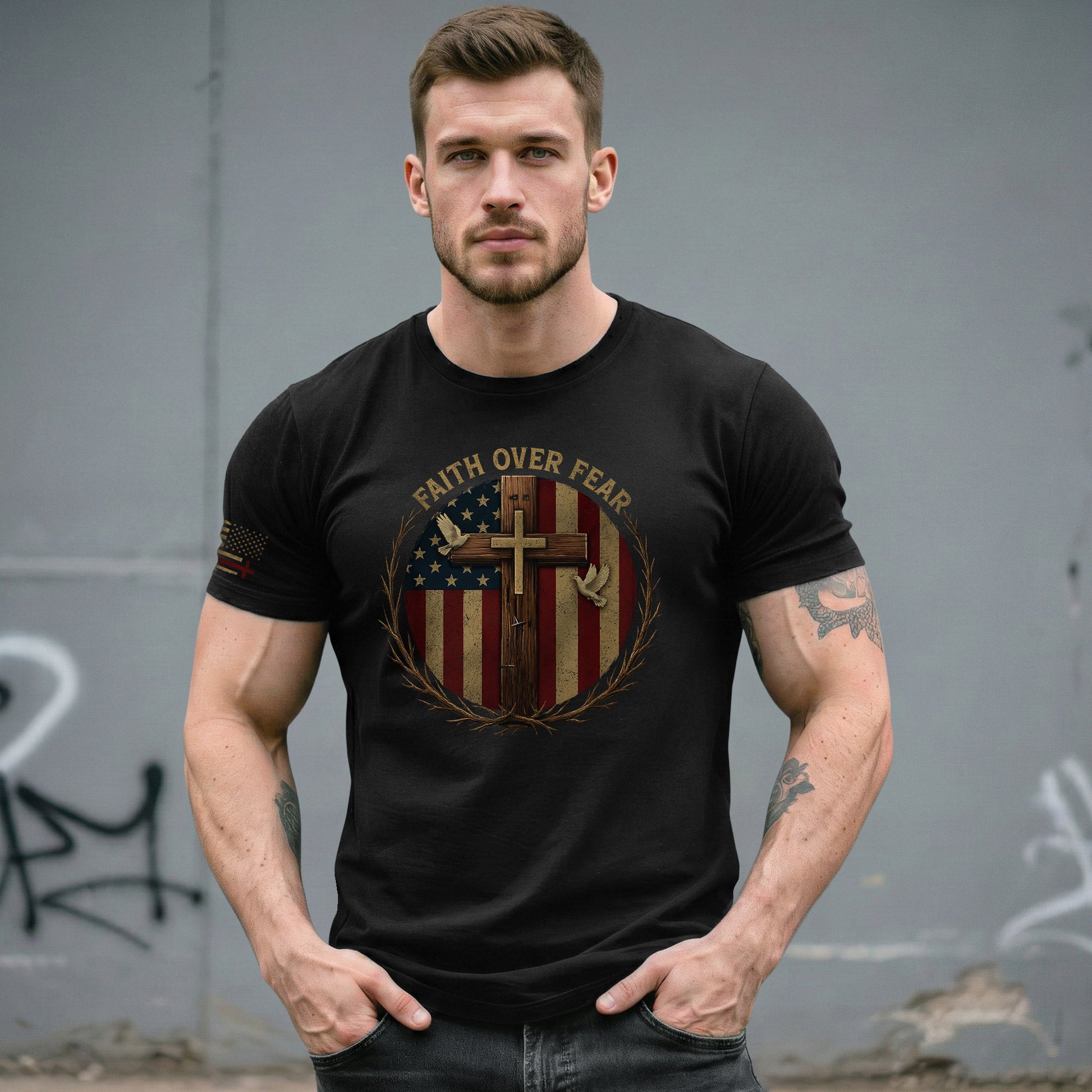 Faith Based Christian Tee Shirts, Faith Over Fear American Flag Cross Christian - Christian Shirts for Men - Rust Field Wear