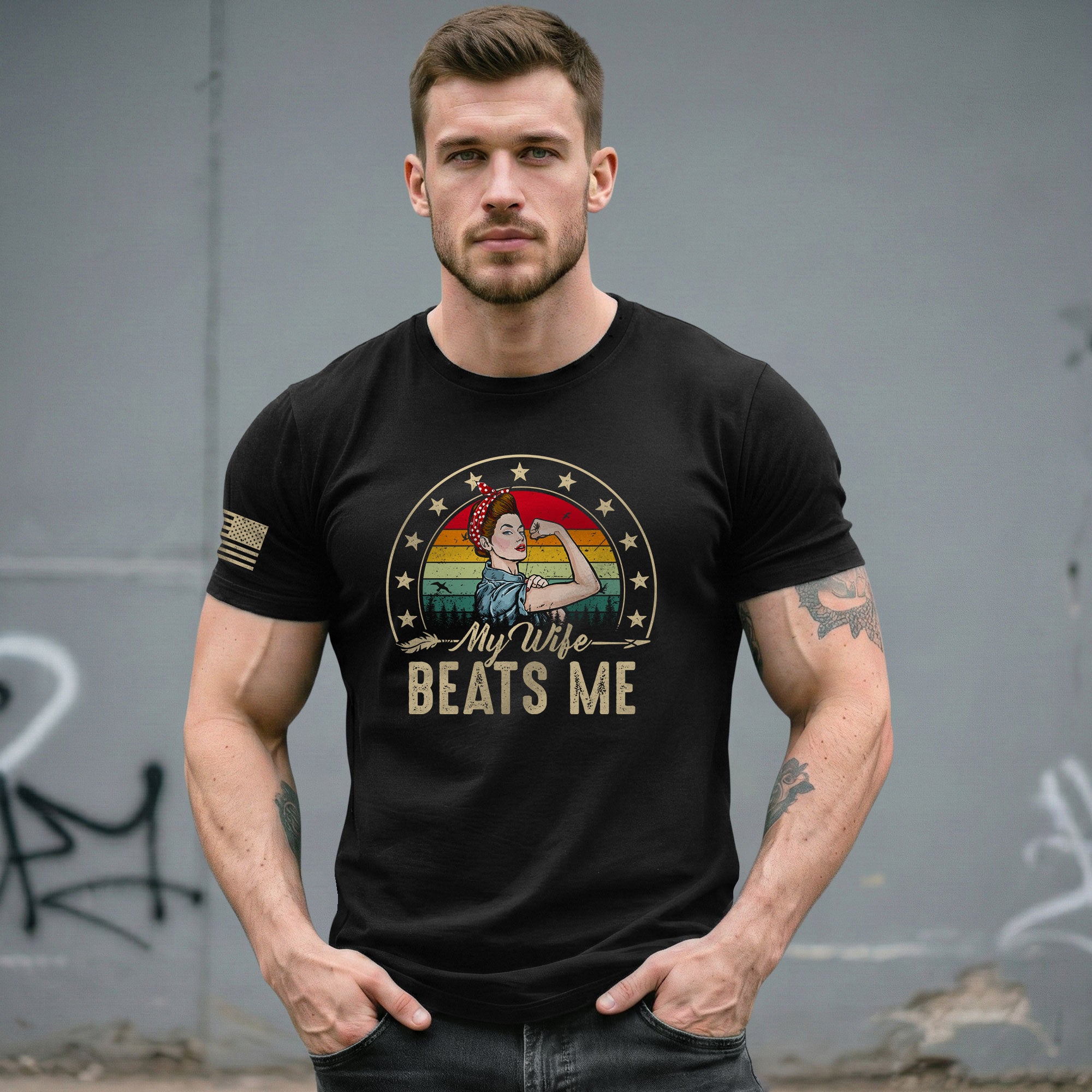 Funny Rosie Riveter Quote My Wife Beats Me Men Vintage Graphic Shirt Casual Novelty