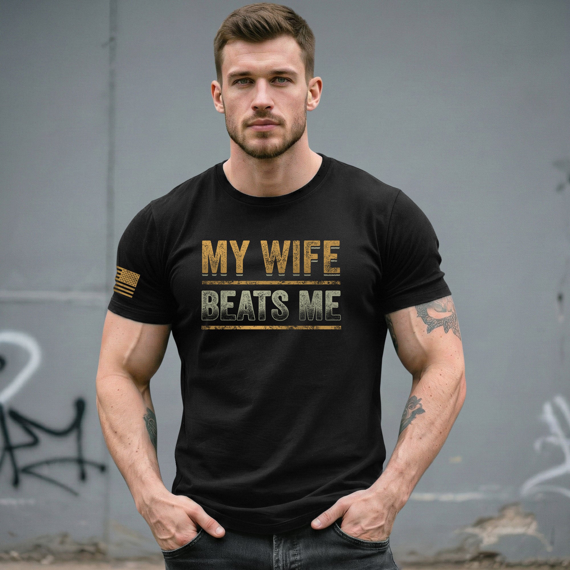 Funny Bold Lines Quote My Wife Beats Me Men Vintage Graphic Shirt Casual Novelty