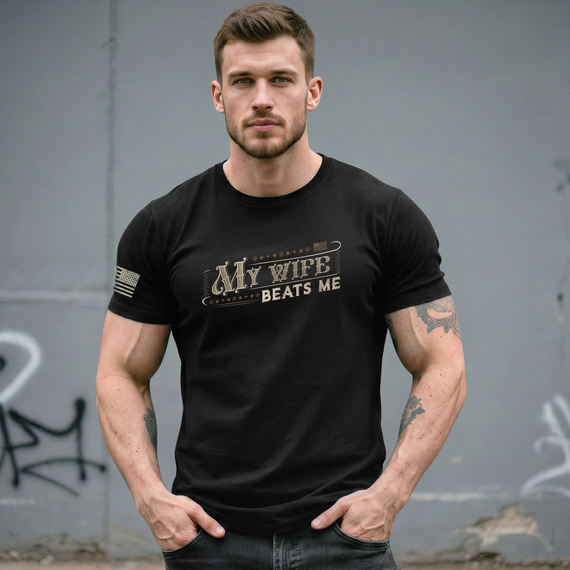 Funny Western Script Quote My Wife Beats Me Men Vintage Graphic Shirt Casual Novelty