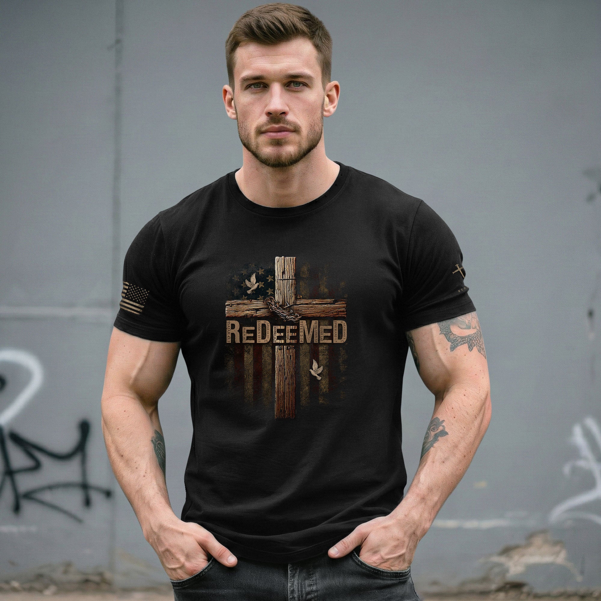 Christian Shirts for Men - ReDeeMed Chains Off, Faith On, Christian Tee Shirts - Rust Field Wear