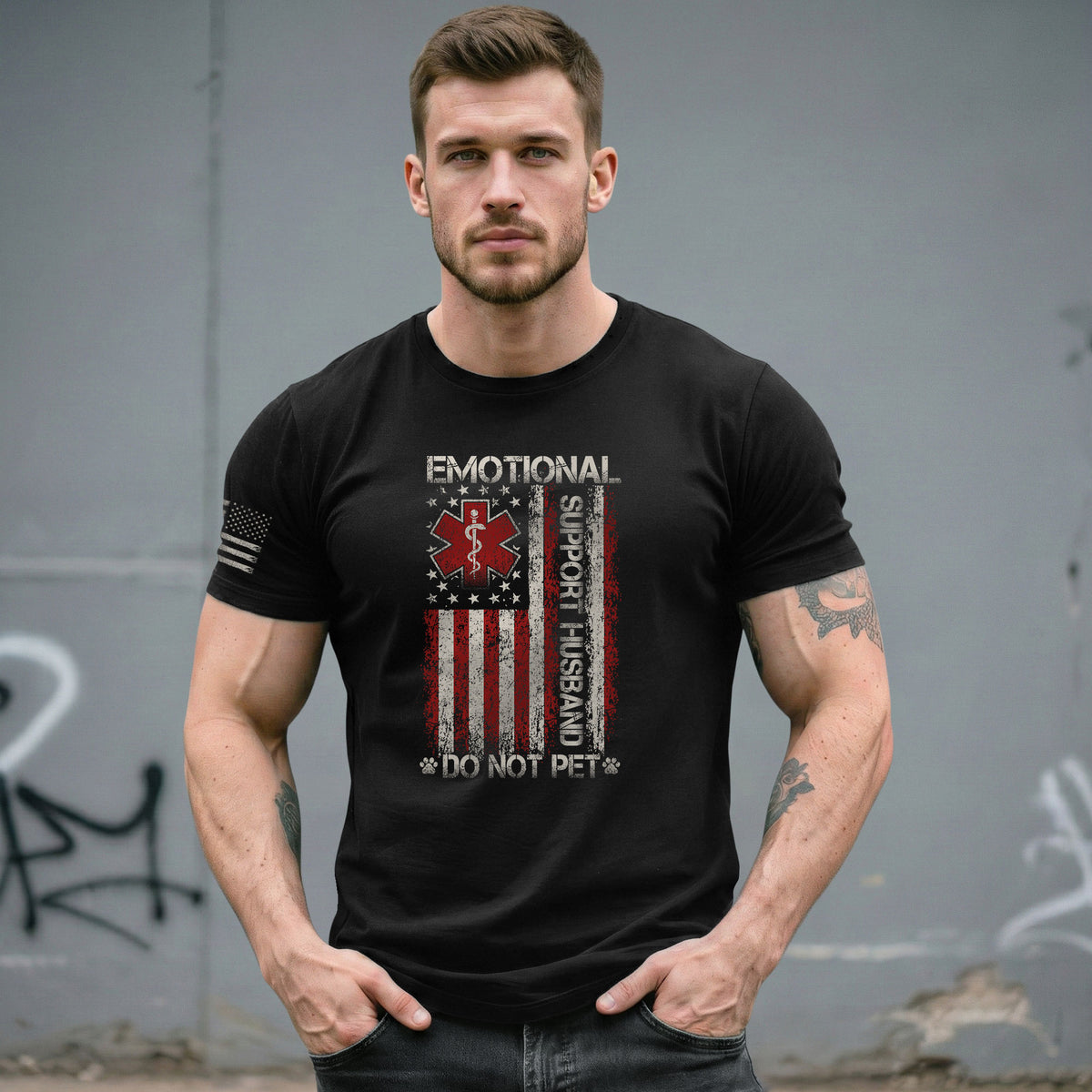 Clever Emotional Support Husband Do Not Pet Vertical Star Tee Shirt Cotton Apparel
