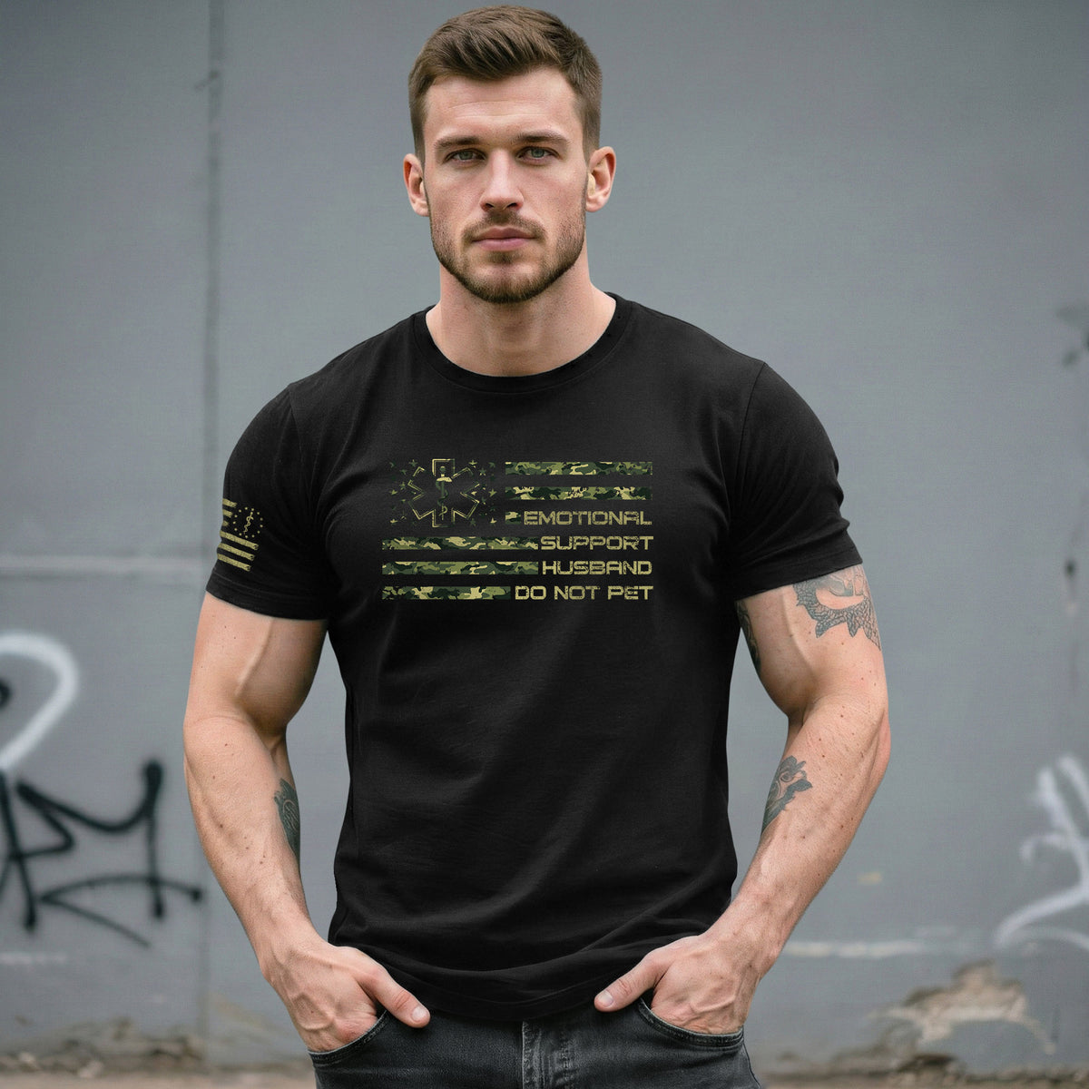 Sarcastic Emotional Support Husband Do Not Pet Camo Flag Tee Shirt Cotton Apparel
