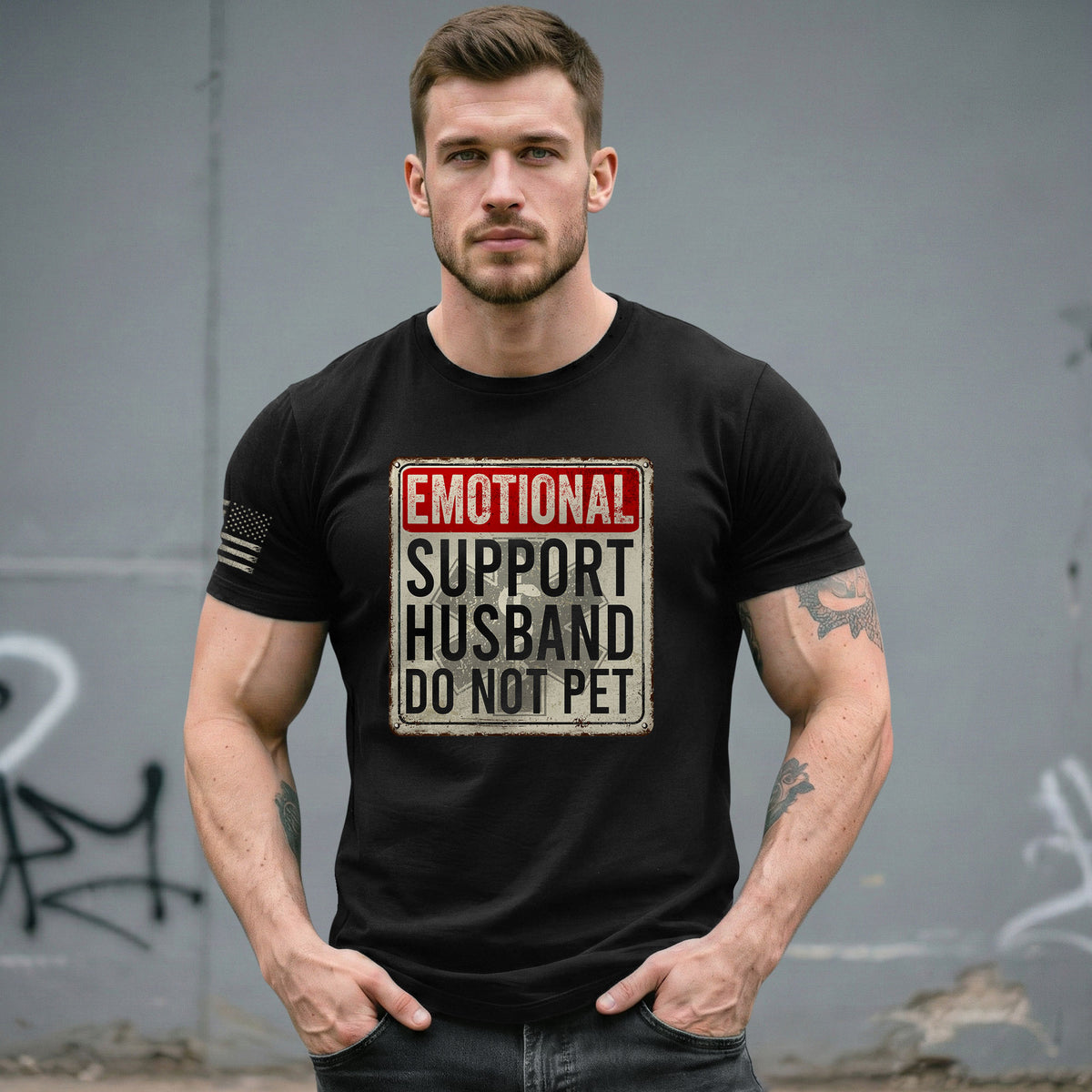 Humorous Emotional Support Husband Do Not Pet Warning Sign Tee Shirt Cotton Apparel