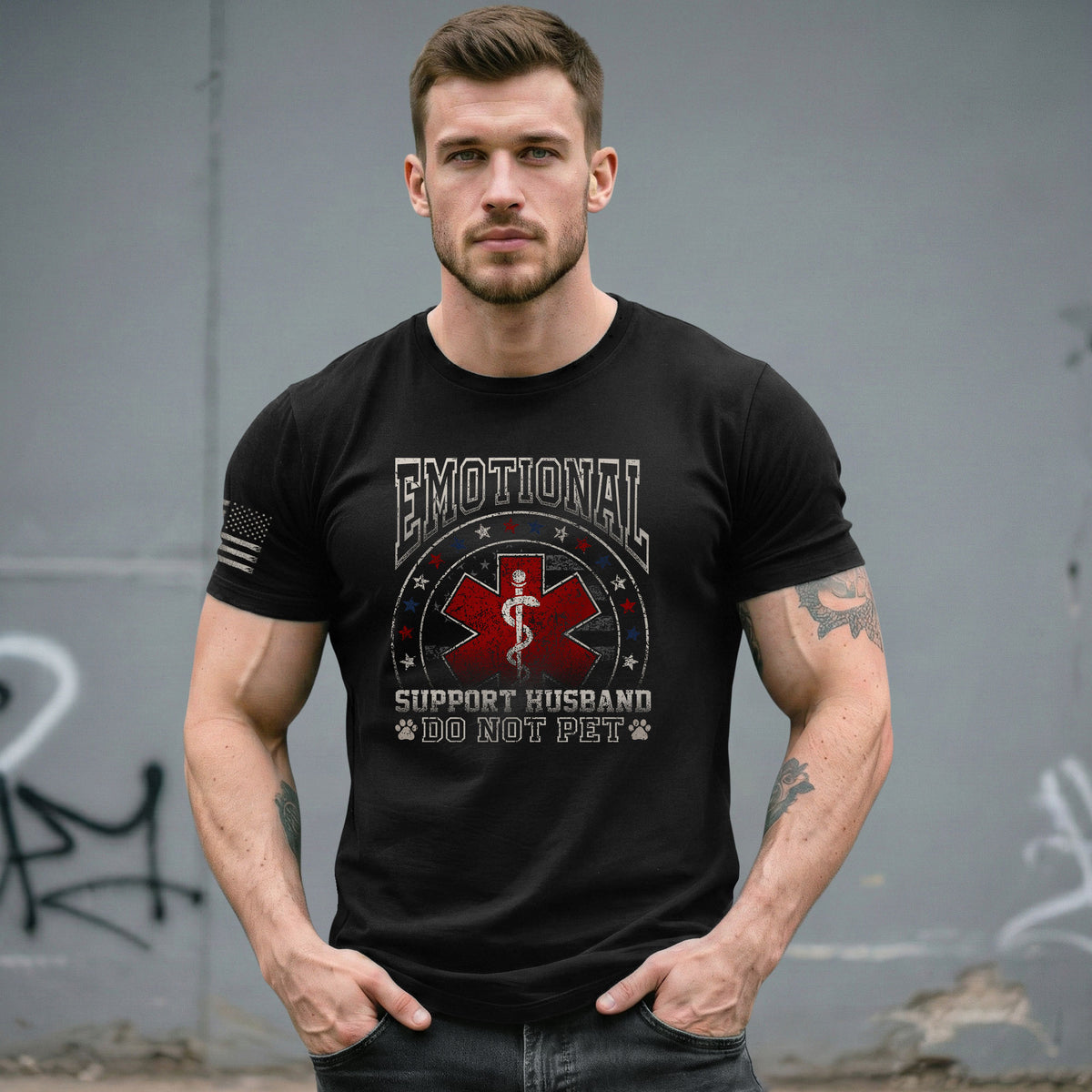 Emotional Support Husband Do Not Pet Star Ring Graphic Tee Shirt Cotton Apparel Top