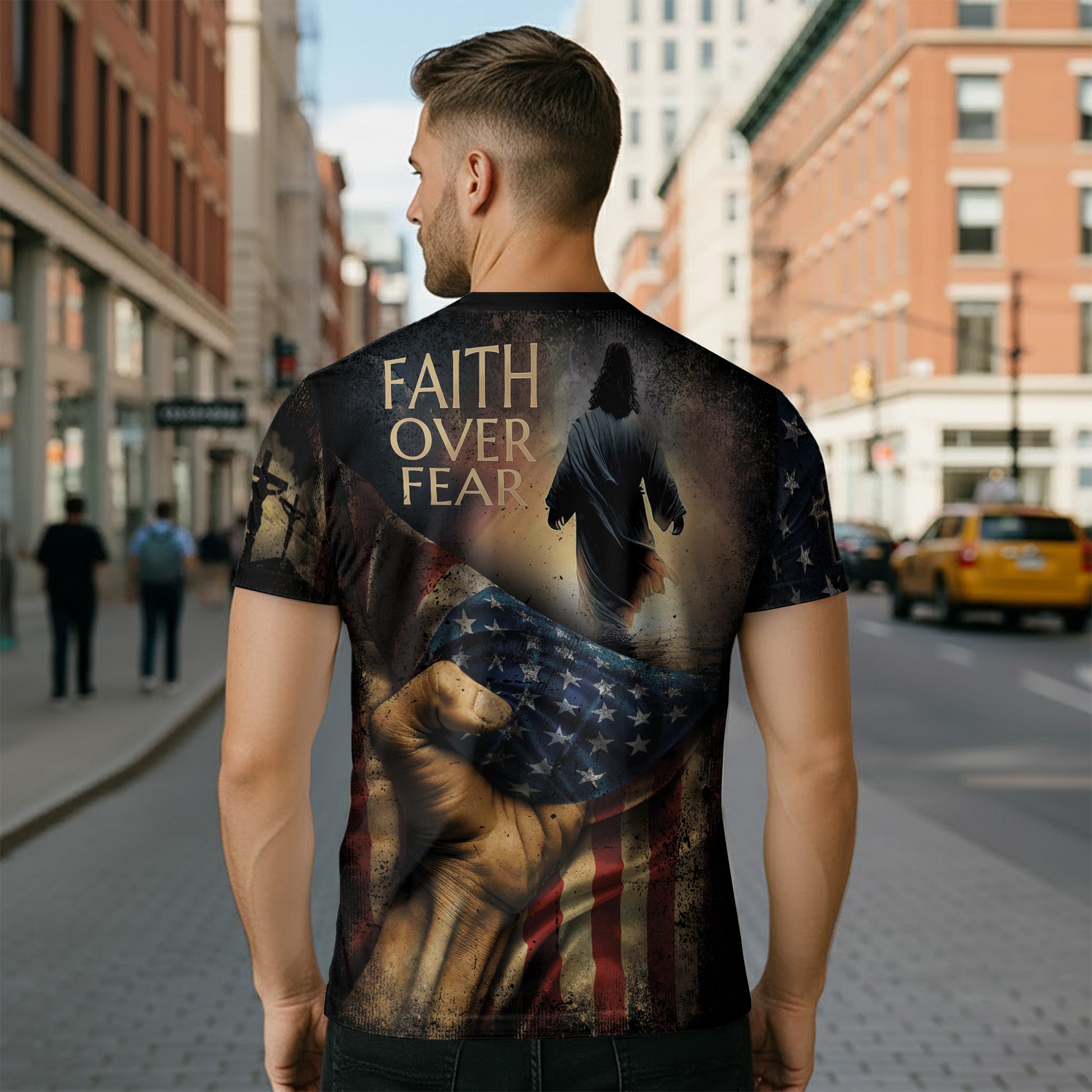 Christian Tee Shirts, Faith Over Fear Jesus Walks On Water Patriotic - Freedom Shirts for Men, RustField Co - Rust Field Wear