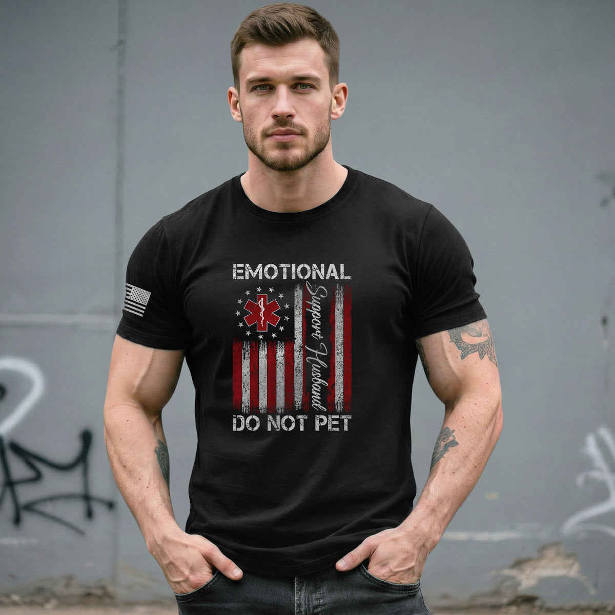 Hilarious Emotional Support Husband Do Not Pet Flag Tee Shirt Cotton Apparel Top