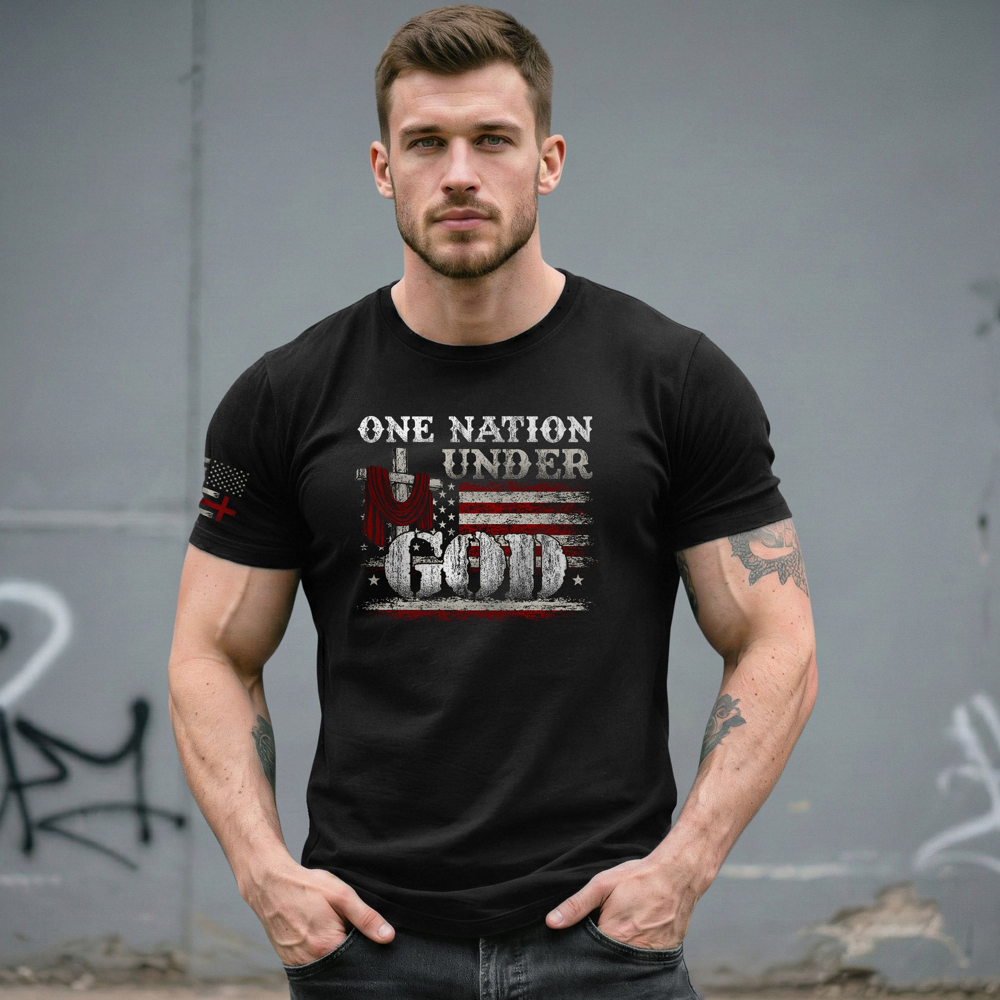 One Nation Under God Cross and American Flag, Christian Shirts for Men - Christian Tee Shirts - Rust Field Wear