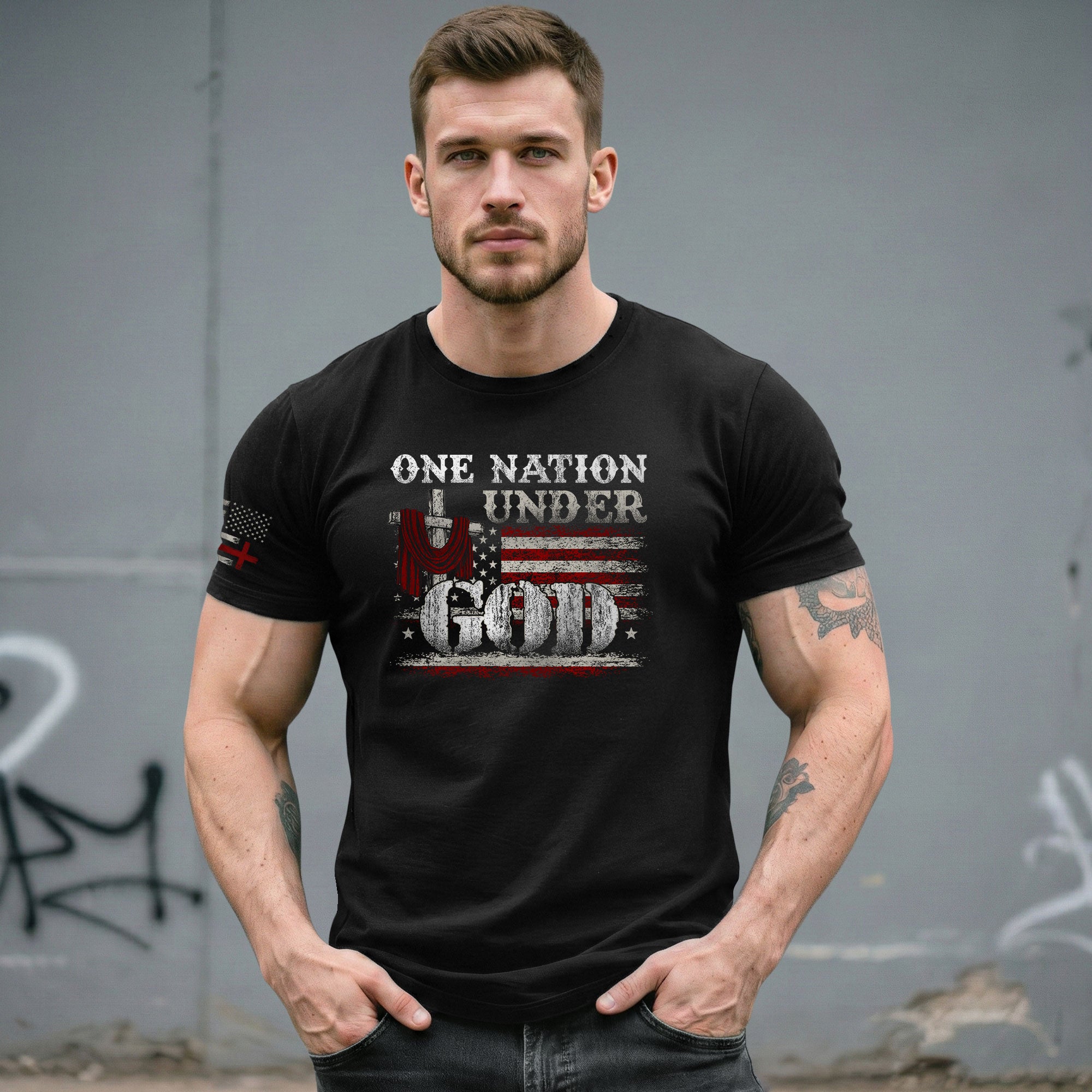 One Nation Under God Cross and American Flag, Christian Shirts for Men - Christian Tee Shirts - Rust Field Wear