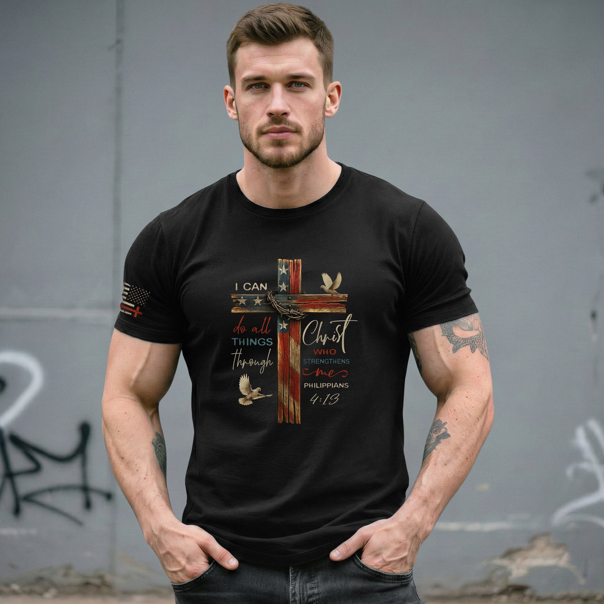 Philippians 4:13 I Can Do All Things Through Christ Flag Cross Christian - Christian Shirts for Men, Faith Based Christian Tee Shirts - Rust Field Wear