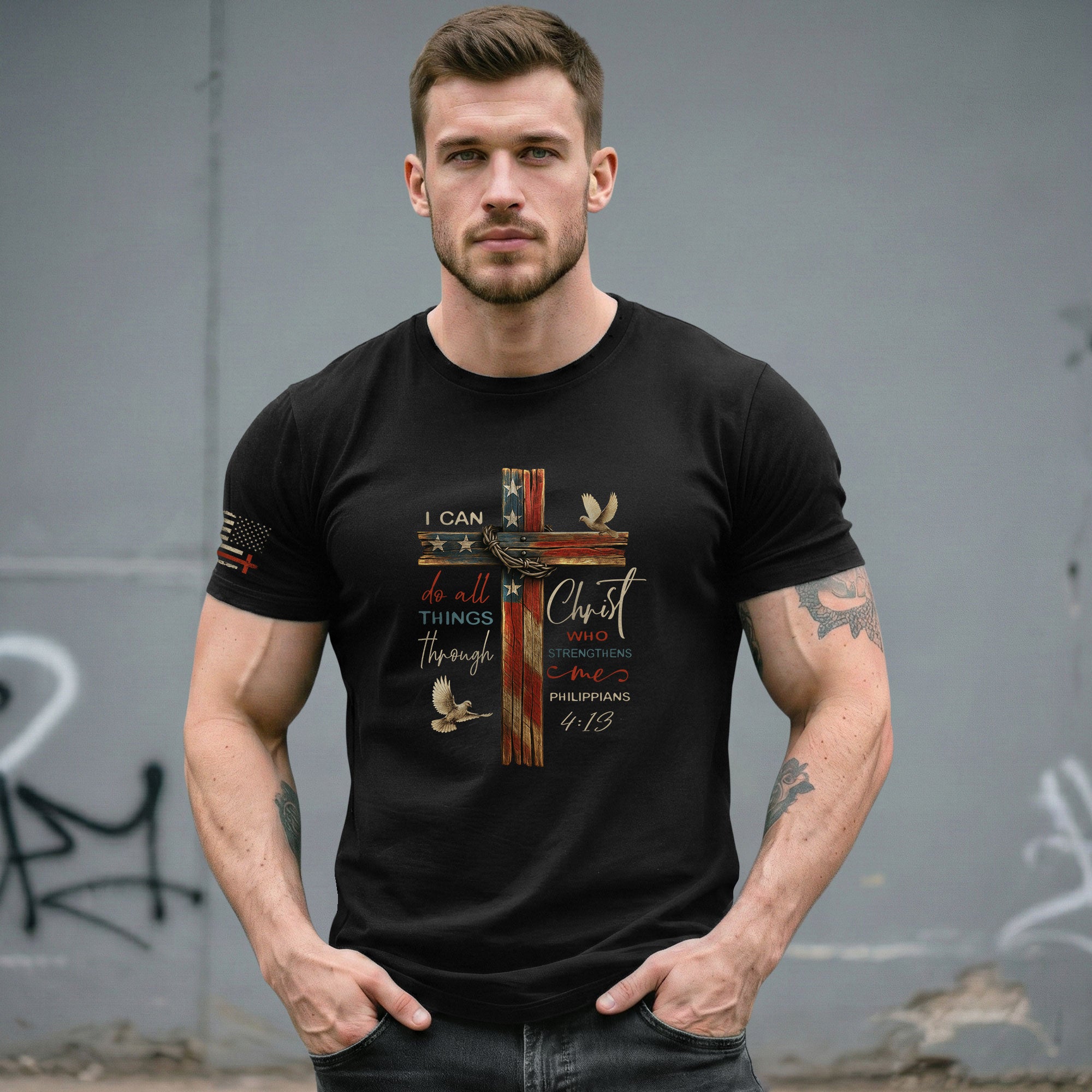 Philippians 4:13 I Can Do All Things Through Christ Flag Cross Christian - Christian Shirts for Men, Faith Based Christian Tee Shirts - Rust Field Wear