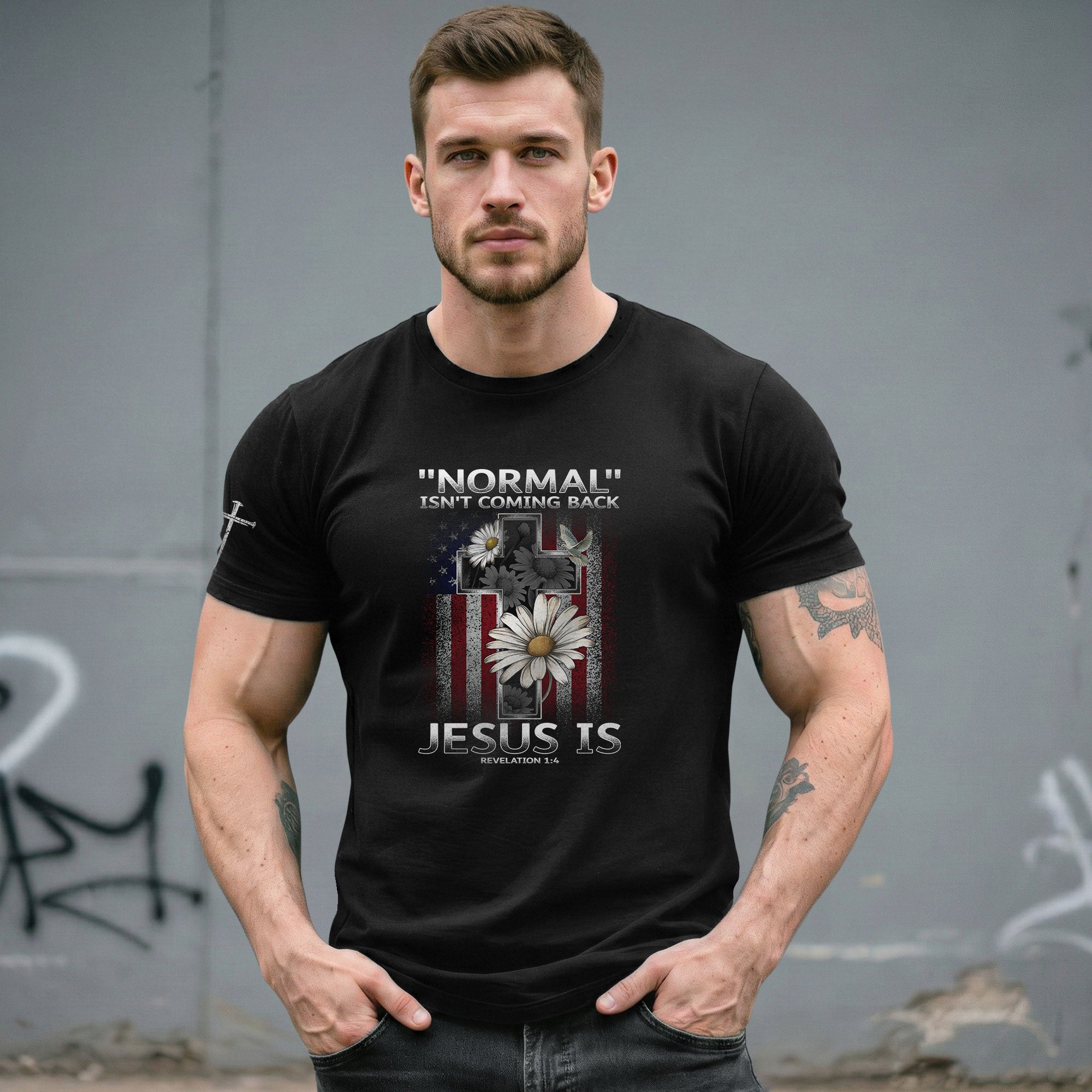 Christian Shirts for Men - Normal Isn’t Coming Back Jesus Is , Revelation 1:4 Christian Flag Cross, Christian Tee Shirts - Rust Field Wear