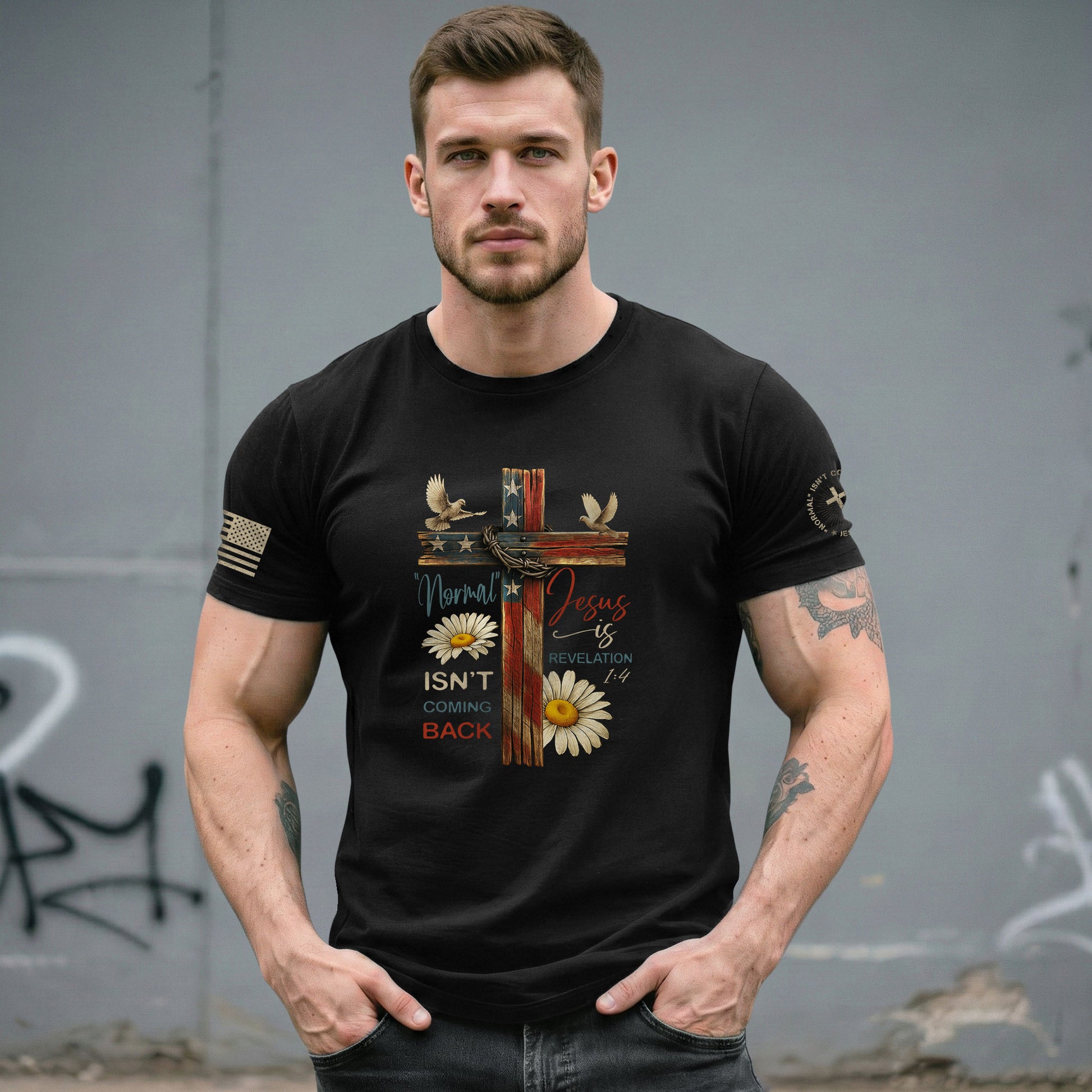Normal Isn’t Coming Back Jesus Is , Revelation 1:4 Floral USA Flag Cross - Christian Tee Shirts, Christian Shirts for Men - Rust Field Wear