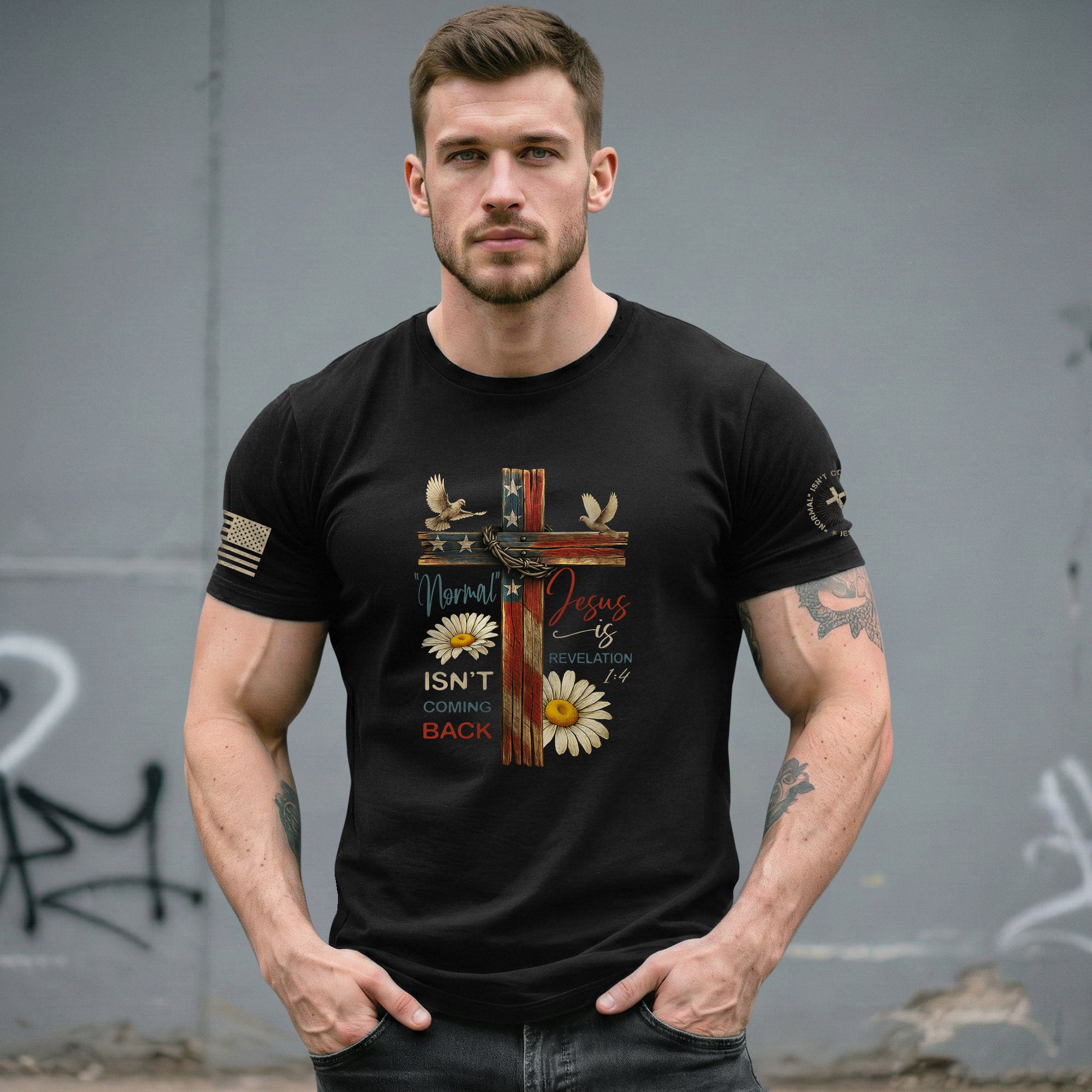 Normal Isn’t Coming Back Jesus Is , Revelation 1:4 Floral USA Flag Cross - Christian Tee Shirts, Christian Shirts for Men - Rust Field Wear