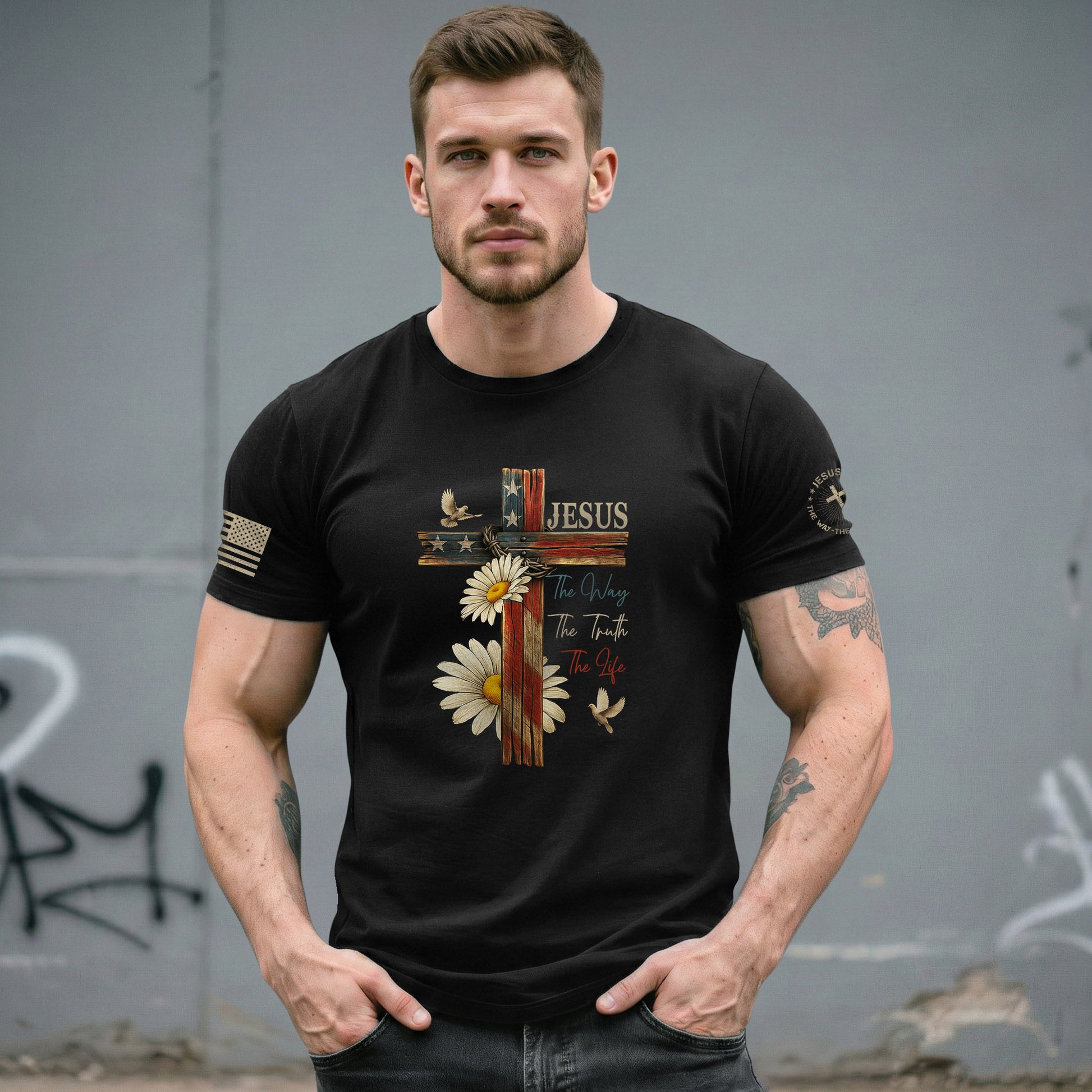 Faith Over Fear Psalm 118:6 Cross and Flag Christian Vintage - Christian Shirts for Men, Faith Based Christian Tee Shirts - Rust Field Wear