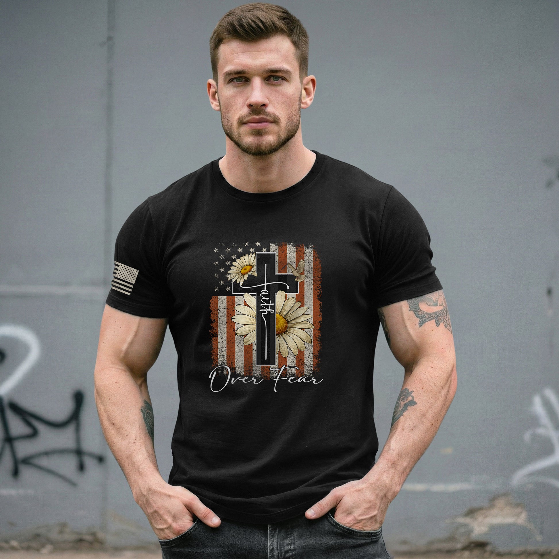 Christian Shirts for Men - Faith Over Fear Daisy Cross USA Flag Christian, Christian Tee Shirts - Rust Field Wear