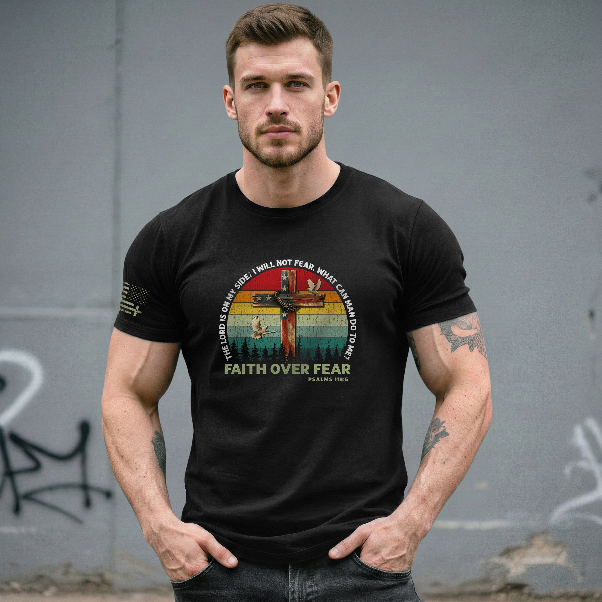 Faith Over Fear Psalm 118:6 Cross and Flag Christian Vintage, Christian Shirts for Men - Christian Tee Shirts - Rust Field Wear