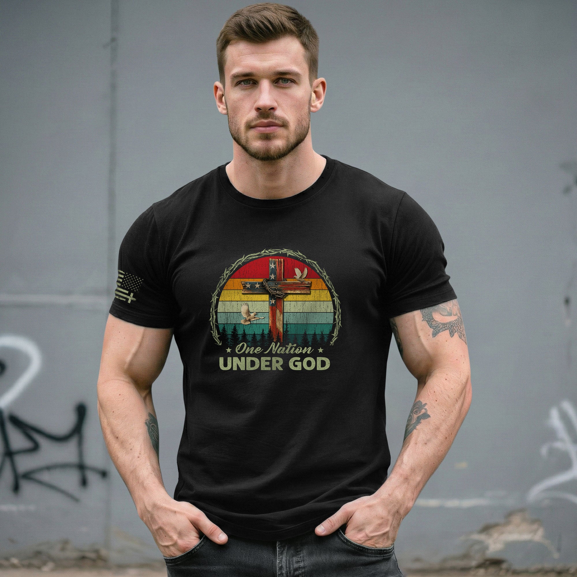Christian Shirts for Men, One Nation Under God Retro Sunset Cross - Christian Tee Shirts - Rust Field Wear