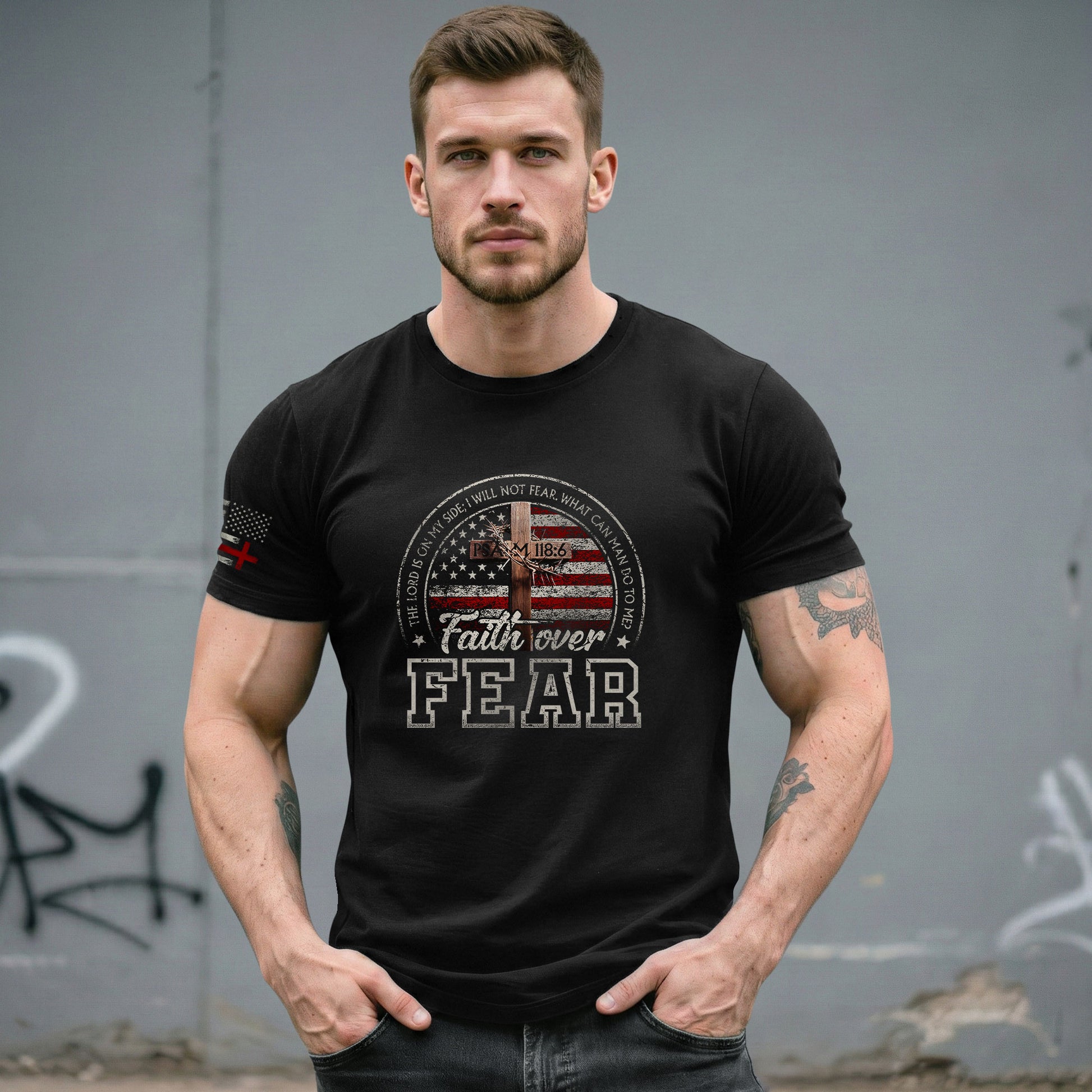 Faith Over Fear Psalm 118:6 American Flag Design, Christian Shirts for Men - Christian Tee Shirts - Rust Field Wear