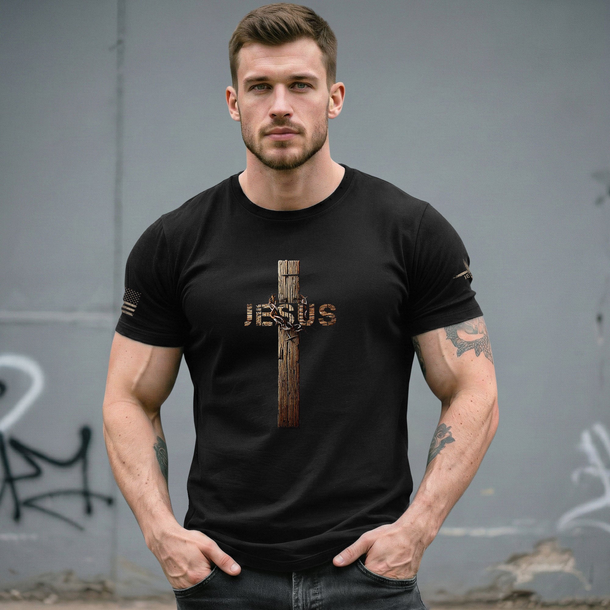 Christian Shirts for Men - Jesus Rustic Cross with Crown of Thorns Design, Christian Tee Shirts - Rust Field Wear