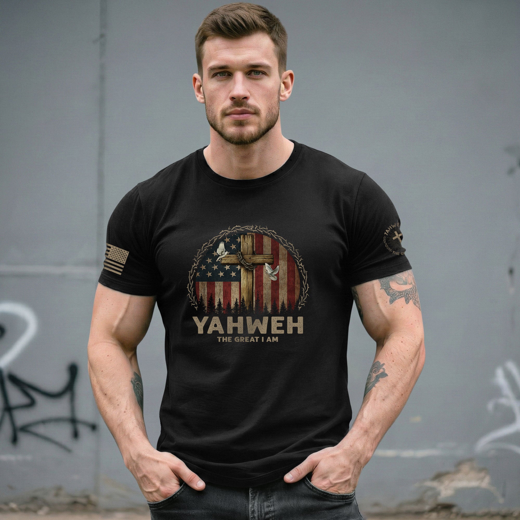 Yahweh The Great I Am Faith, Flag and Cross - Christian Tee Shirts, Christian Shirts for Men - Rust Field Wear