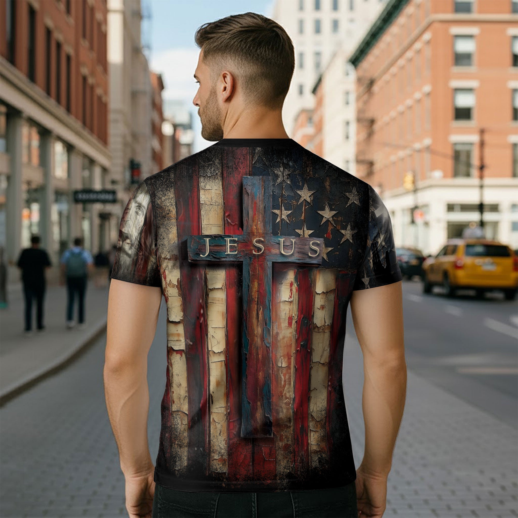 Christian Tee Shirts for Men - Faith Over Fear Cross Rustic American Flag, RustField Co Freedom Shirts - Rust Field Wear