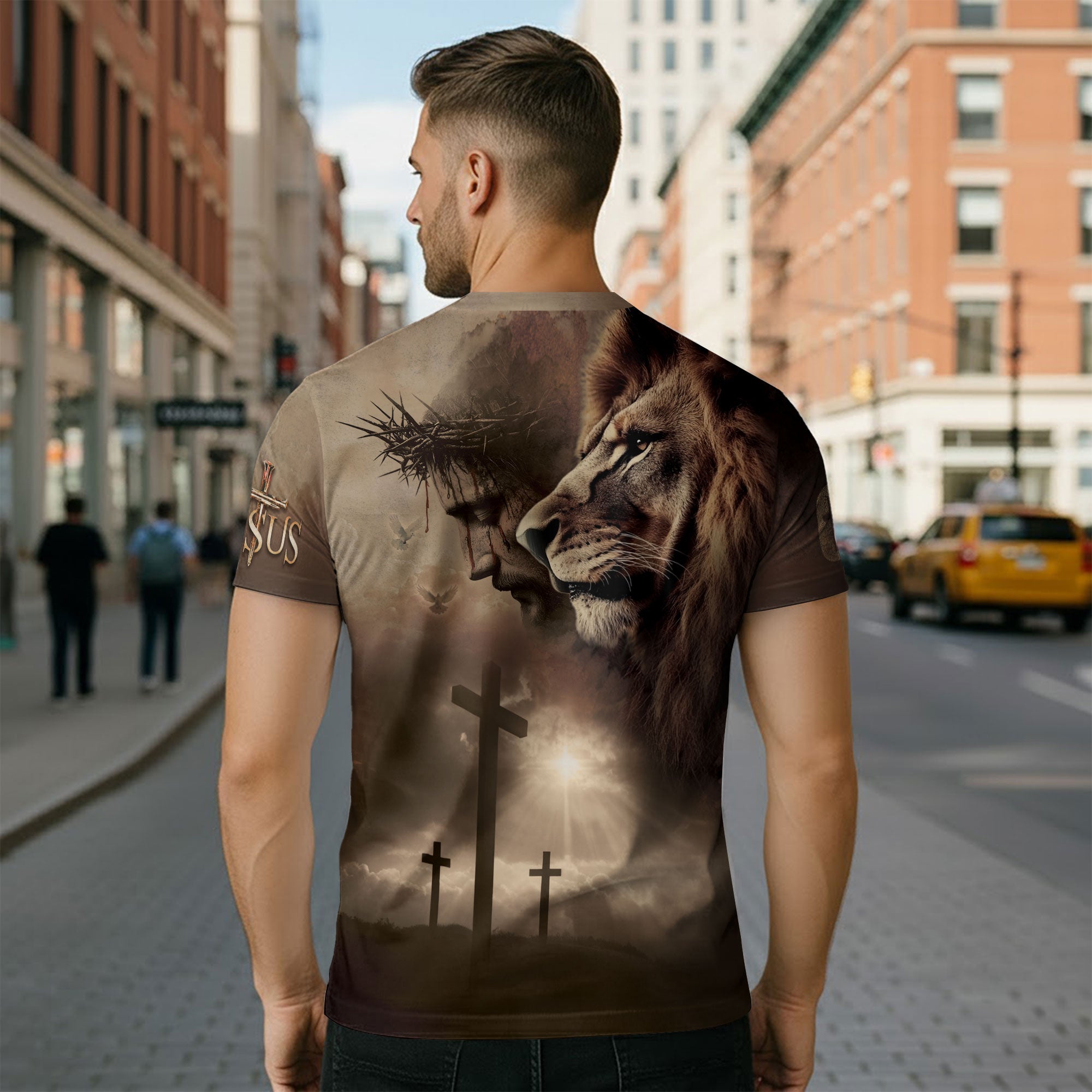 Christian Tee Shirts for Men - Through Christ I Stand Lion and Cross Faith, RustField Co Freedom Shirts - Rust Field Wear