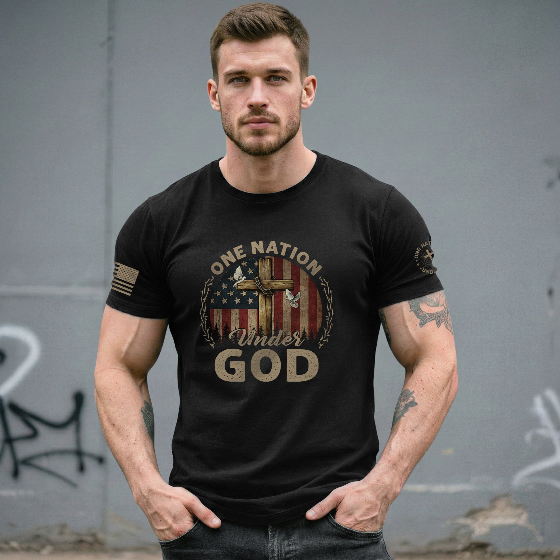 One Nation Under God Cross, Flag and Christian Boldwear, Christian Tee Shirts - Faith Shirts for Men - Rust Field Wear