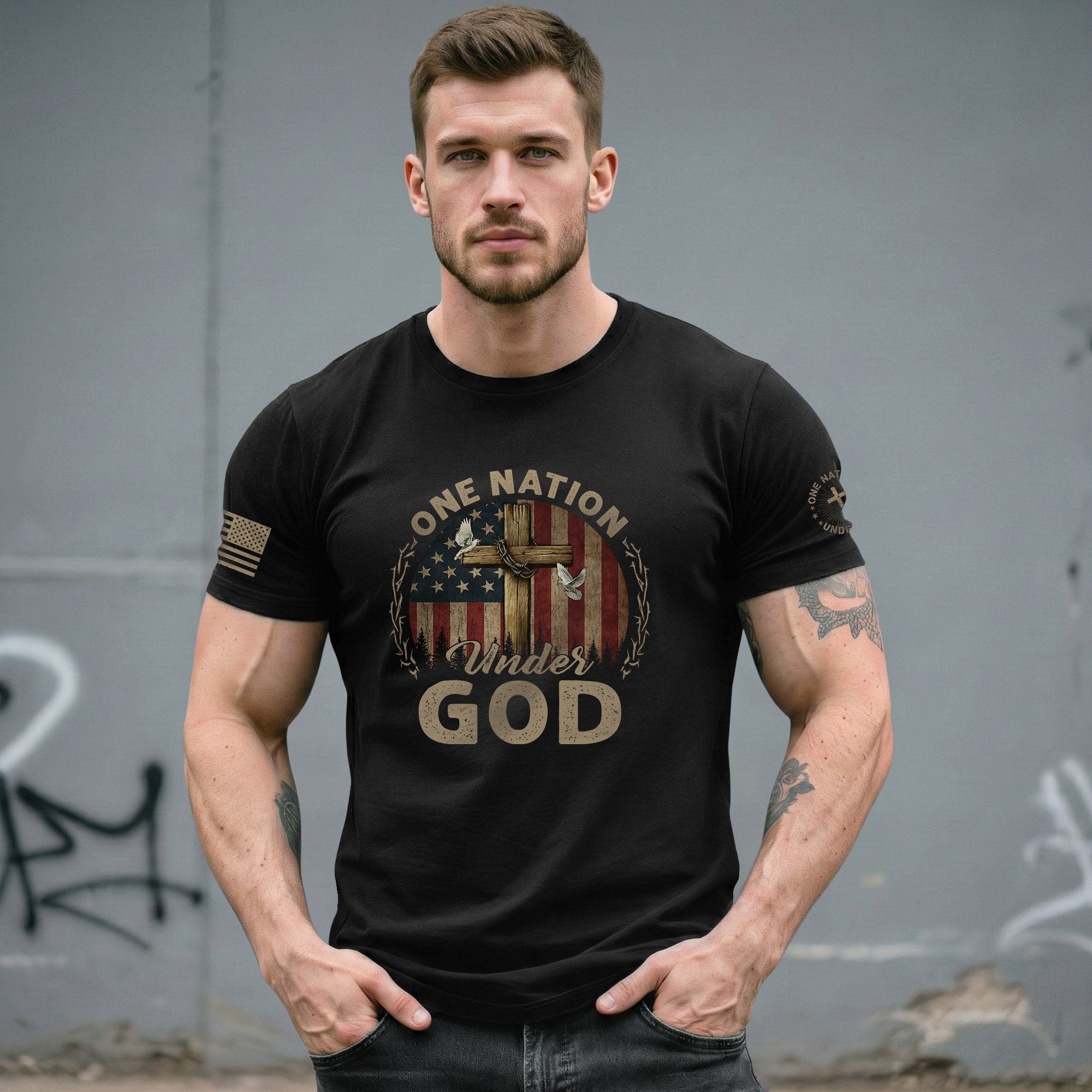 One Nation Under God Cross, Flag and Christian Boldwear, Christian Tee Shirts - Faith Shirts for Men - Rust Field Wear