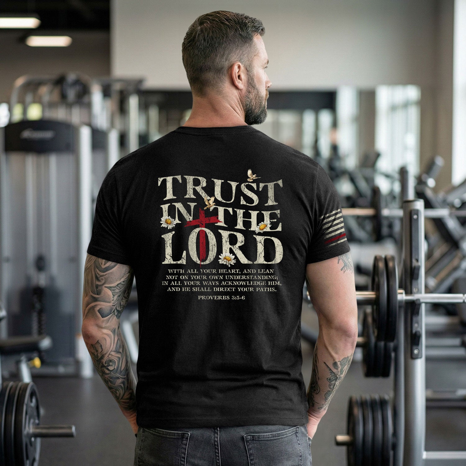 Christian Shirts for Men, Trust in the Lord Christian American Flag, Proverbs 3:5 6 Bible Verse - Christian Tee Shirts - Rust Field Wear