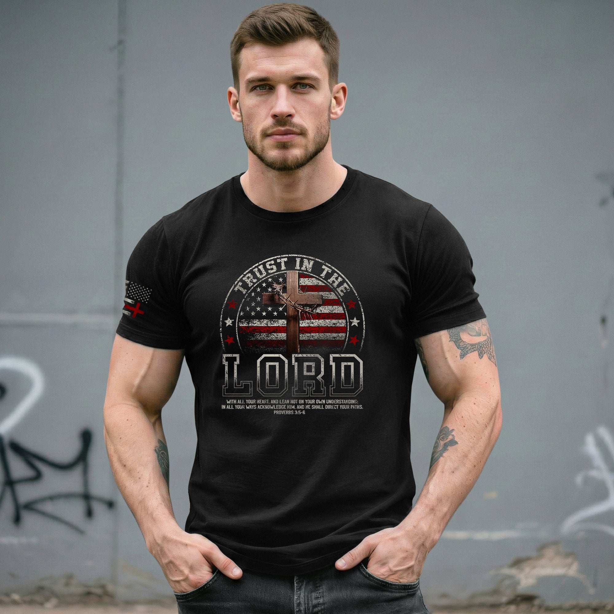 Faith Based Christian Tee Shirts, Trust In The Lord Christian American Flag Cross - Christian Shirts for Men - Rust Field Wear