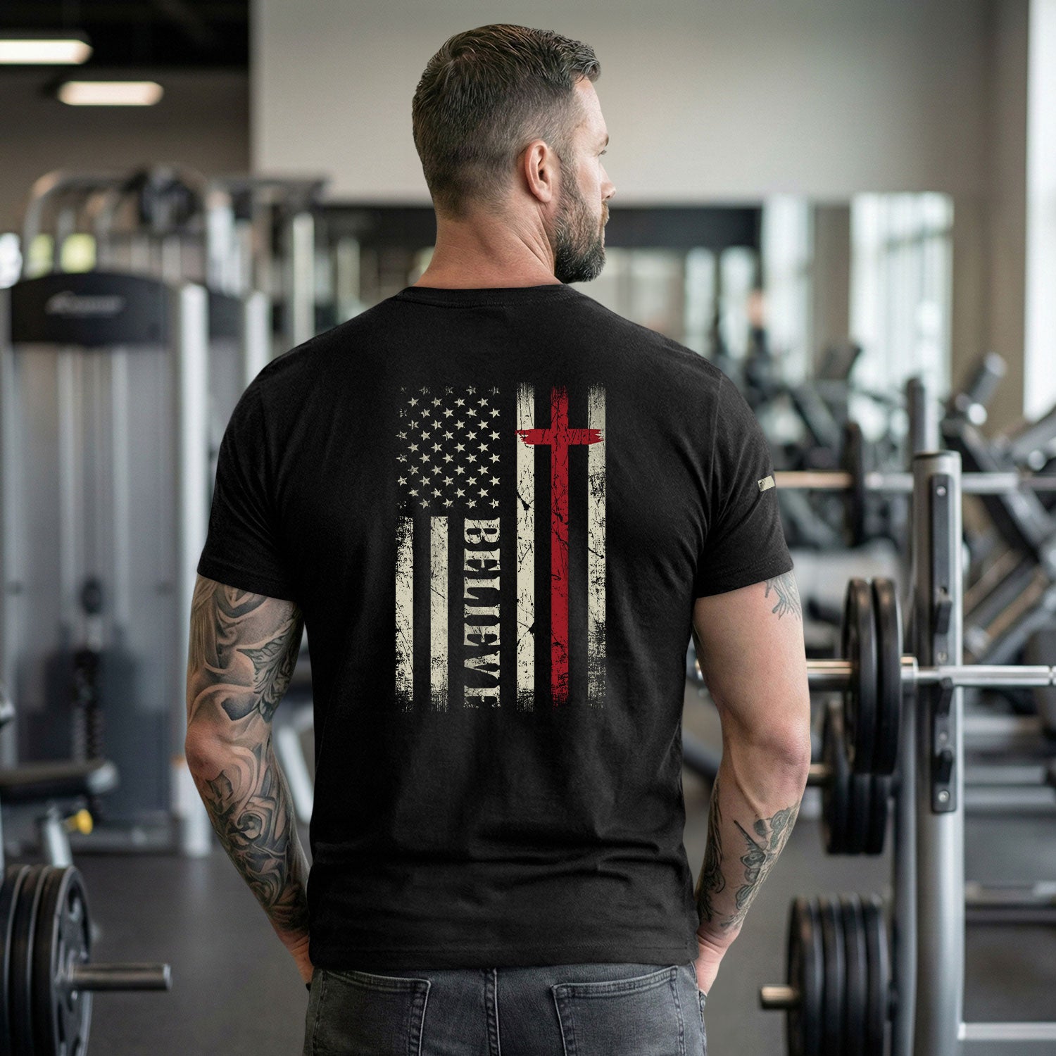 Believe American Flag Cross, Christian Tee Shirts - Faith Shirts for Men - Rust Field Wear