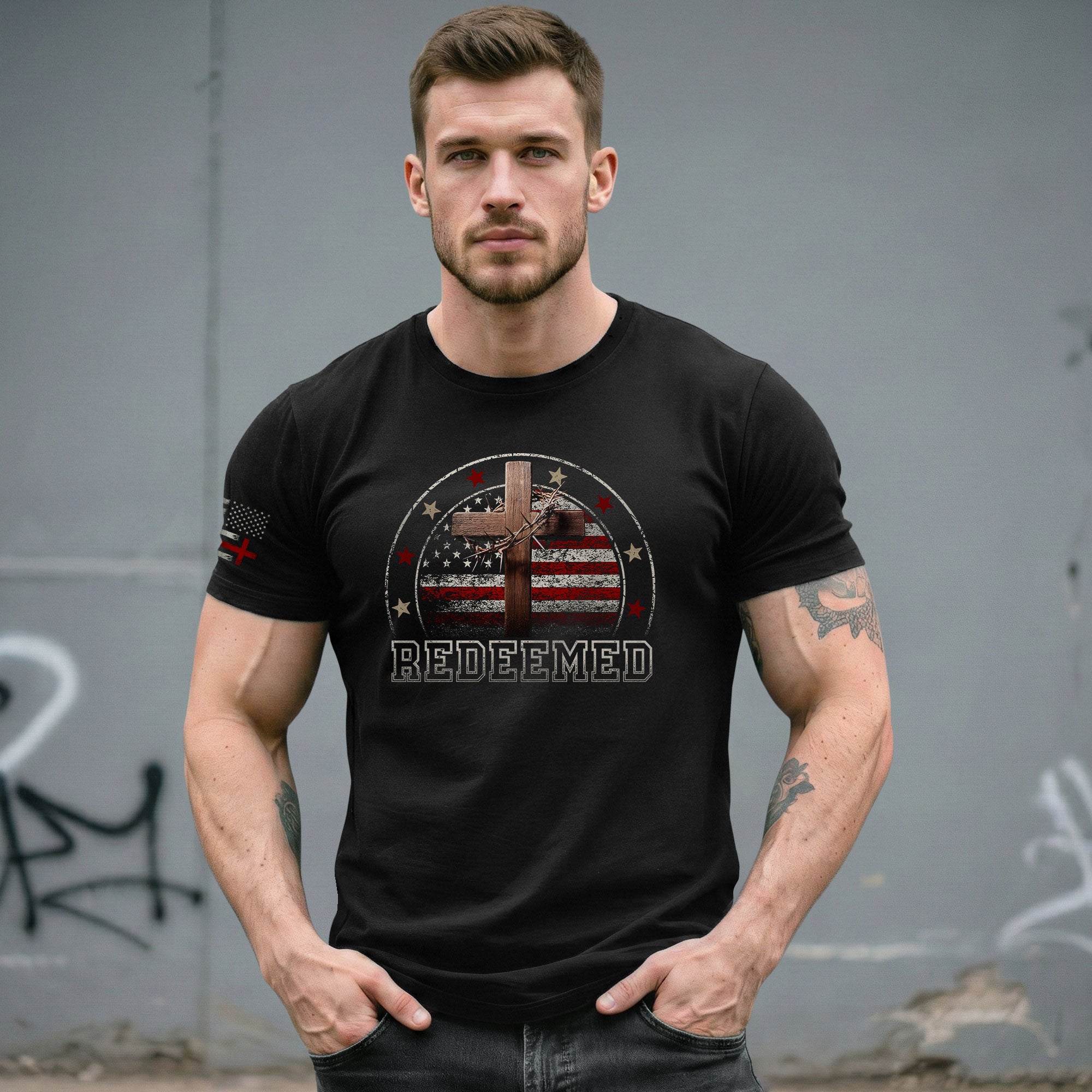 Redeemed Christian Cross and American Flag Design, Christian Shirts for Men - Christian Tee Shirts - Rust Field Wear