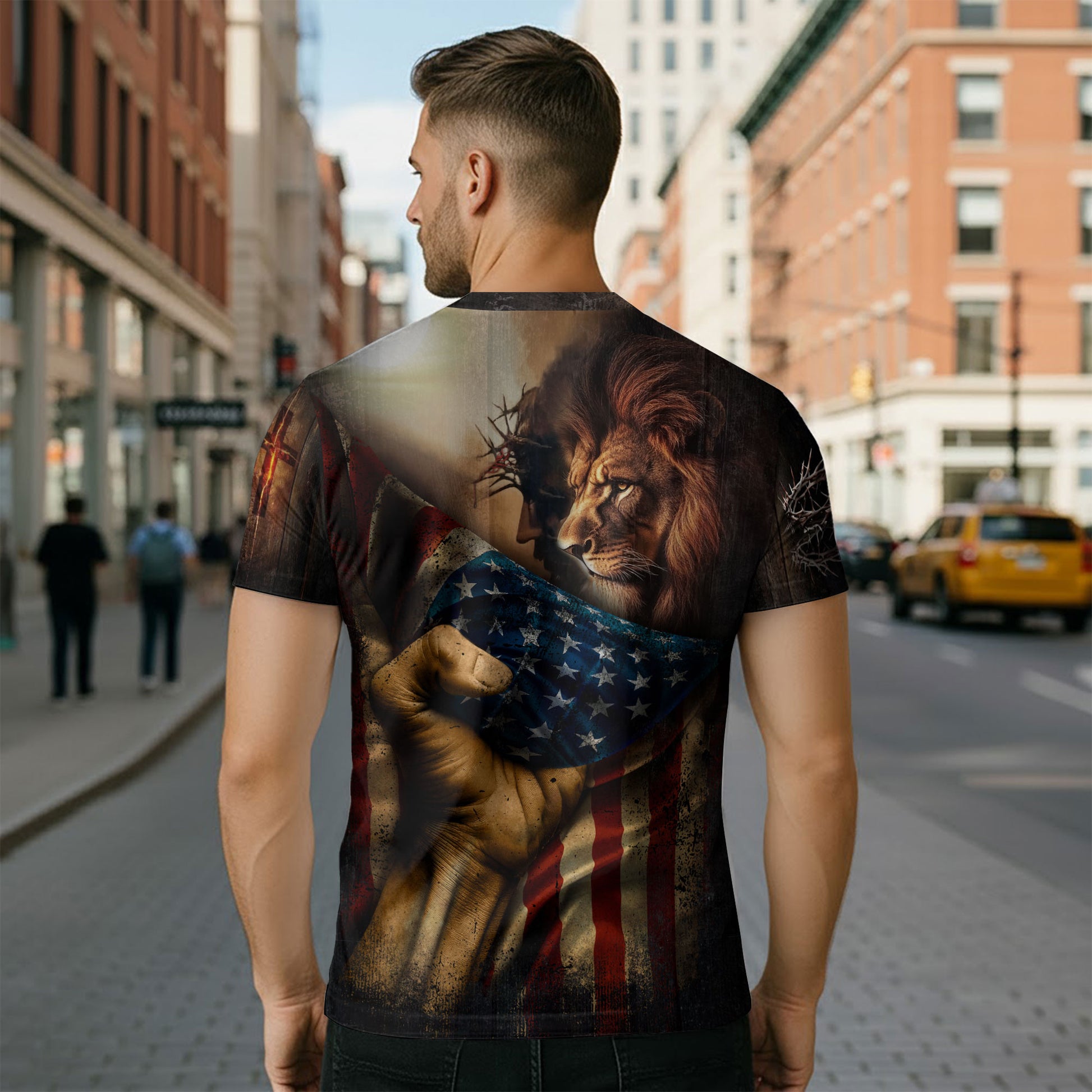 RustField Co, Faith Over Fear Lion and Cross Patriotic - Christian Tee Shirts for Men, Freedom Shirts - Rust Field Wear
